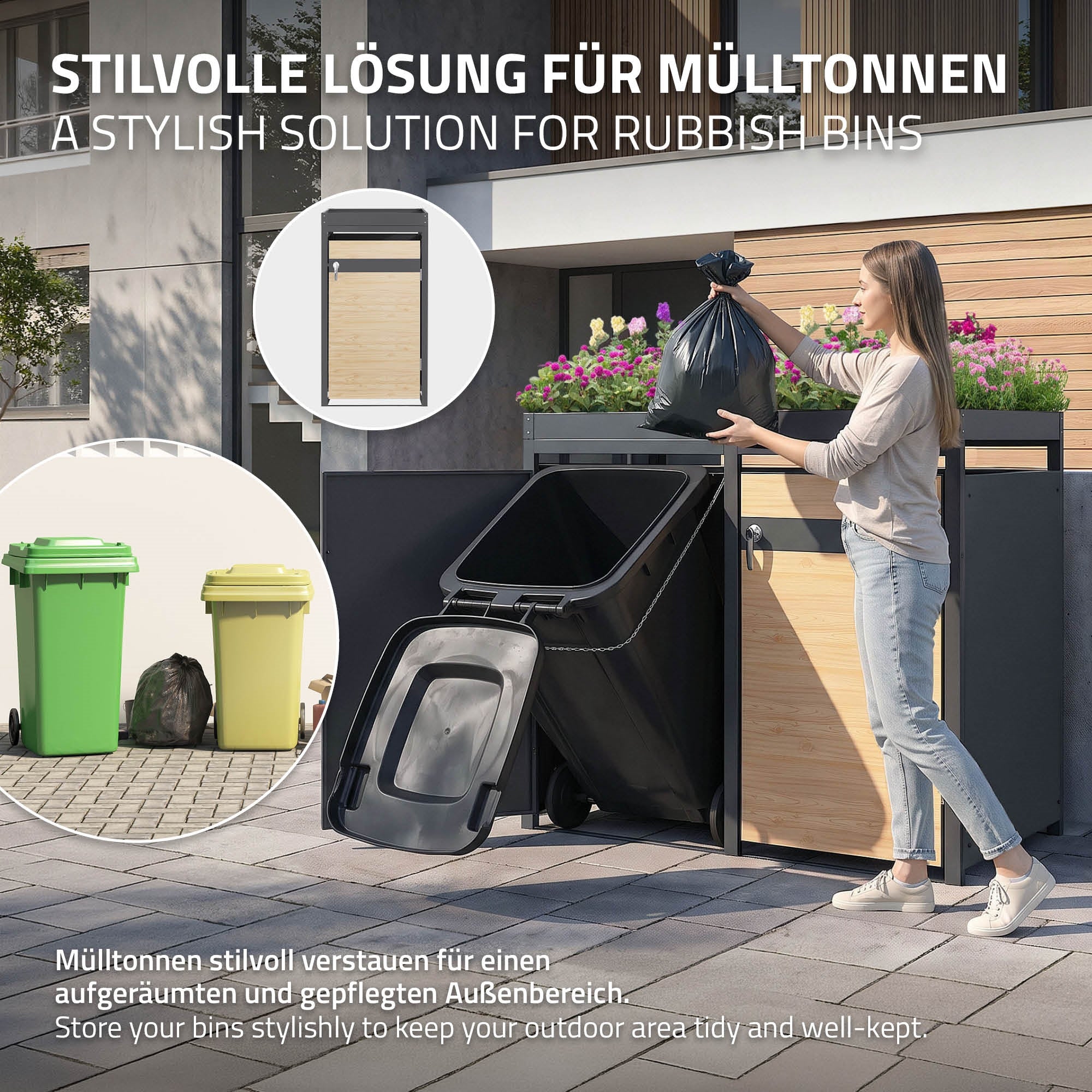 Person entsorgt Müll in stilvolle Mülltonnenbox, grüne und sc