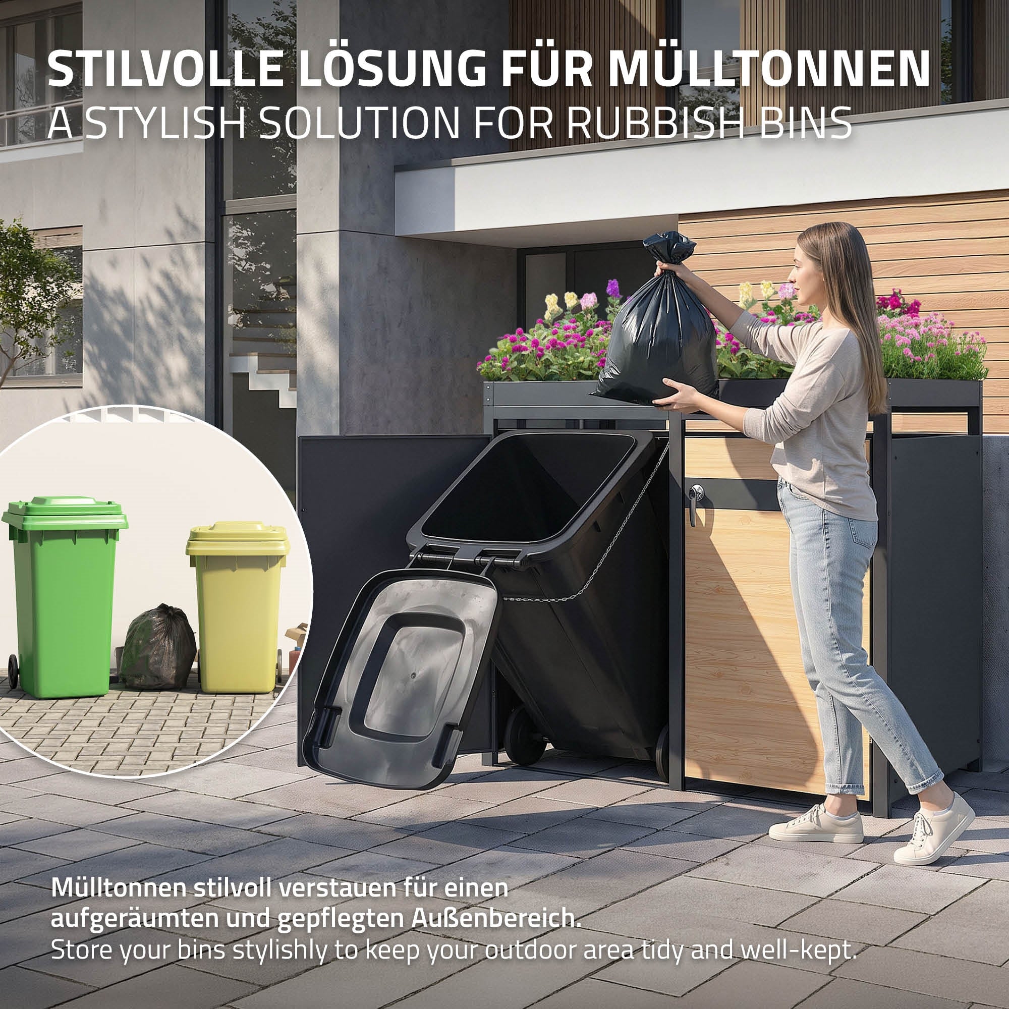 Frau stellt Müllsack in eine Mülltonnenbox im Außenbereich.