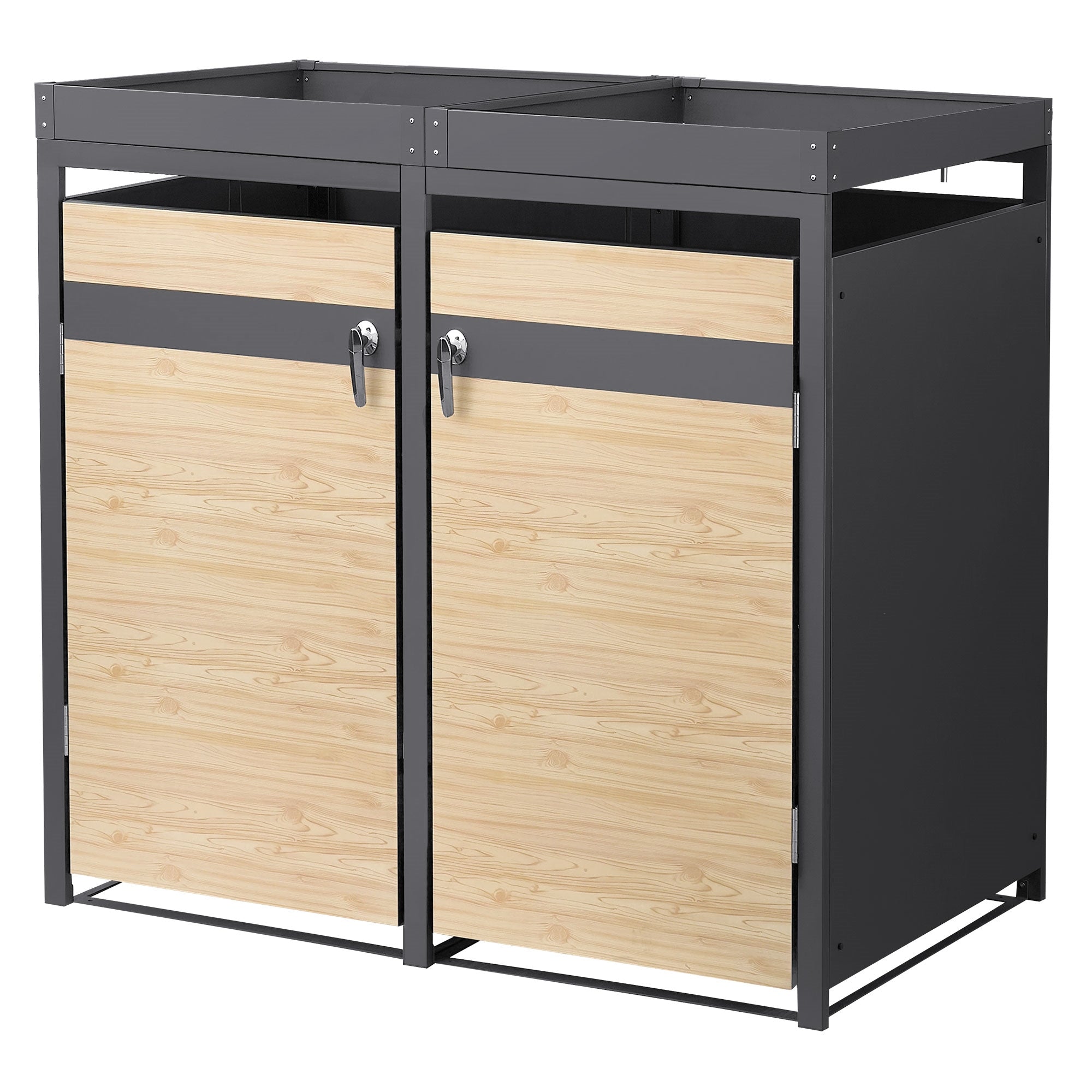 Zwei Schränke mit einer Holz- und grauen Oberfläche.