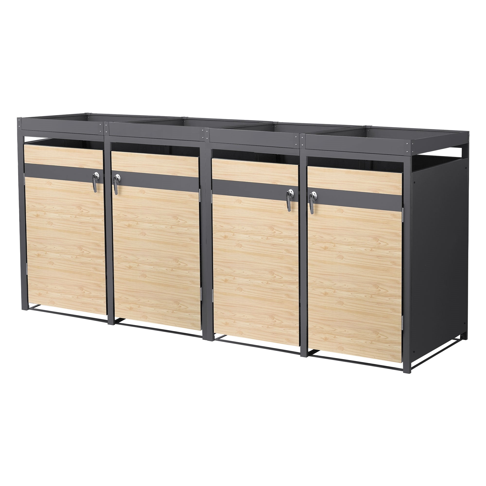 Mülltonnenbox mit vier Fächern und Holzoptik.