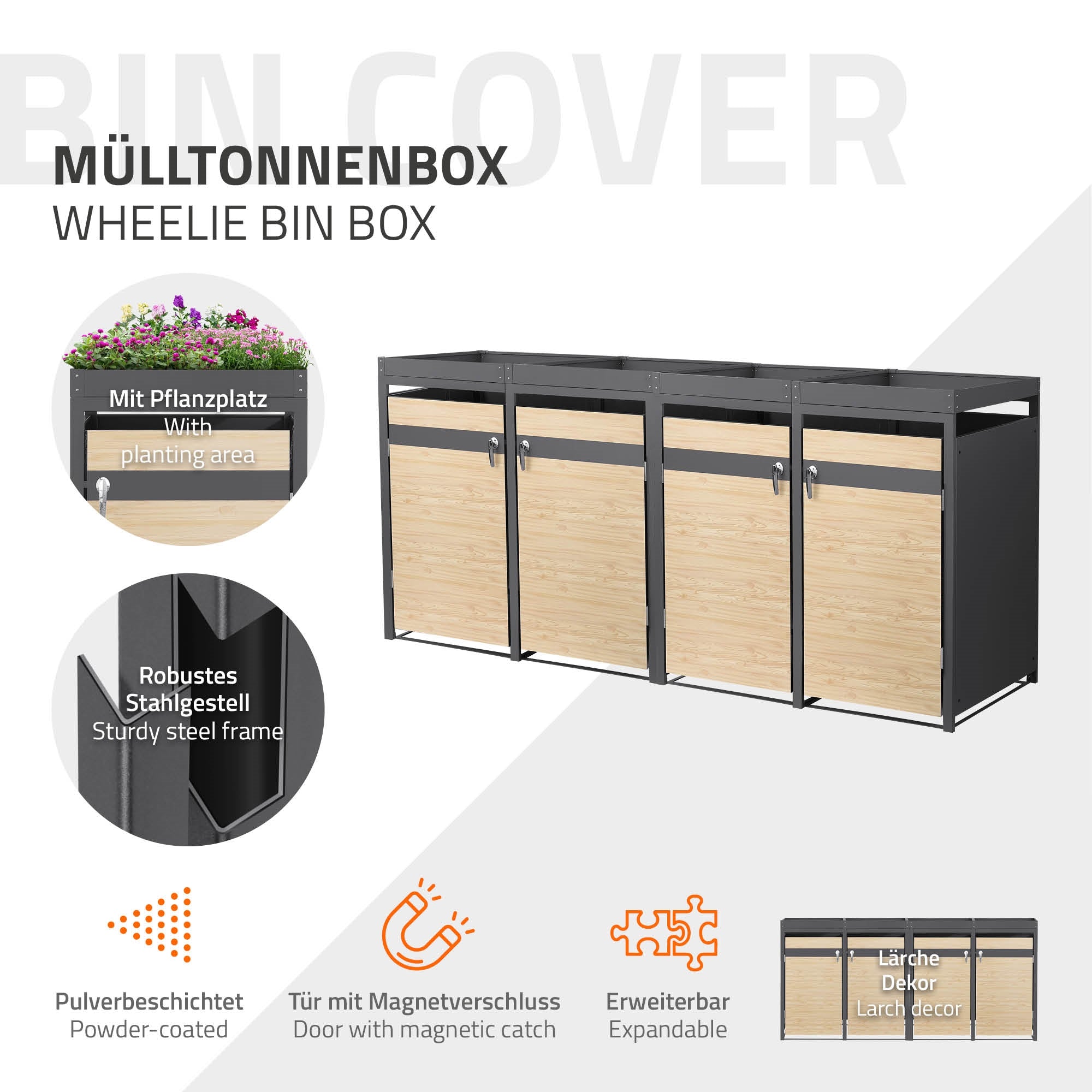 Mülltonnenbox mit Holzdekor und robustem Stahlrahmen.