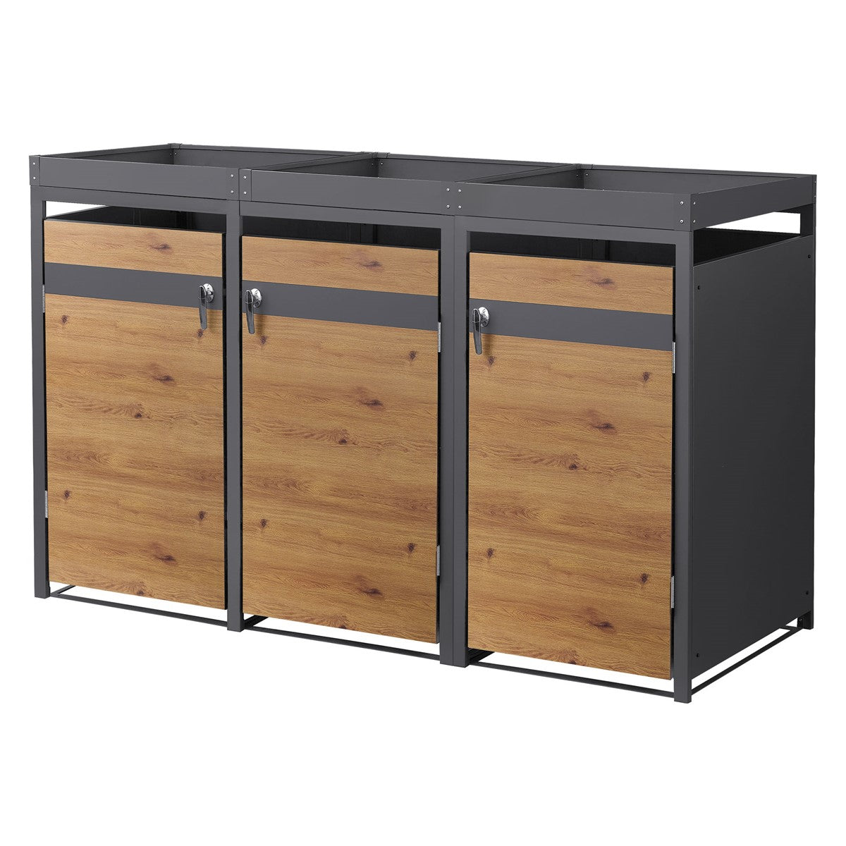 Wheelie bin enclosure with three compartments and wood-effect doors.