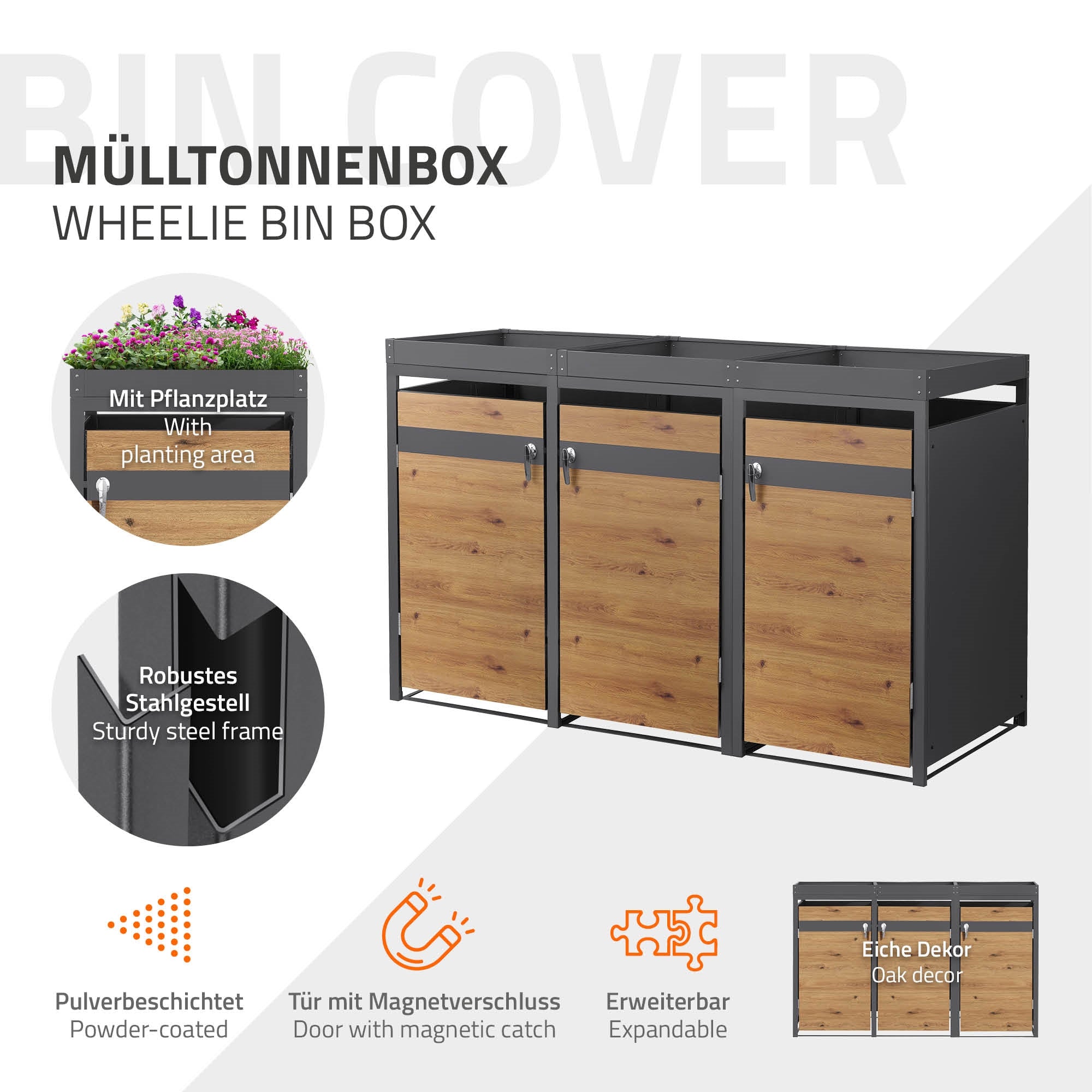 Mülltonnenbox mit drei Fächern und Pflanzenbereich.