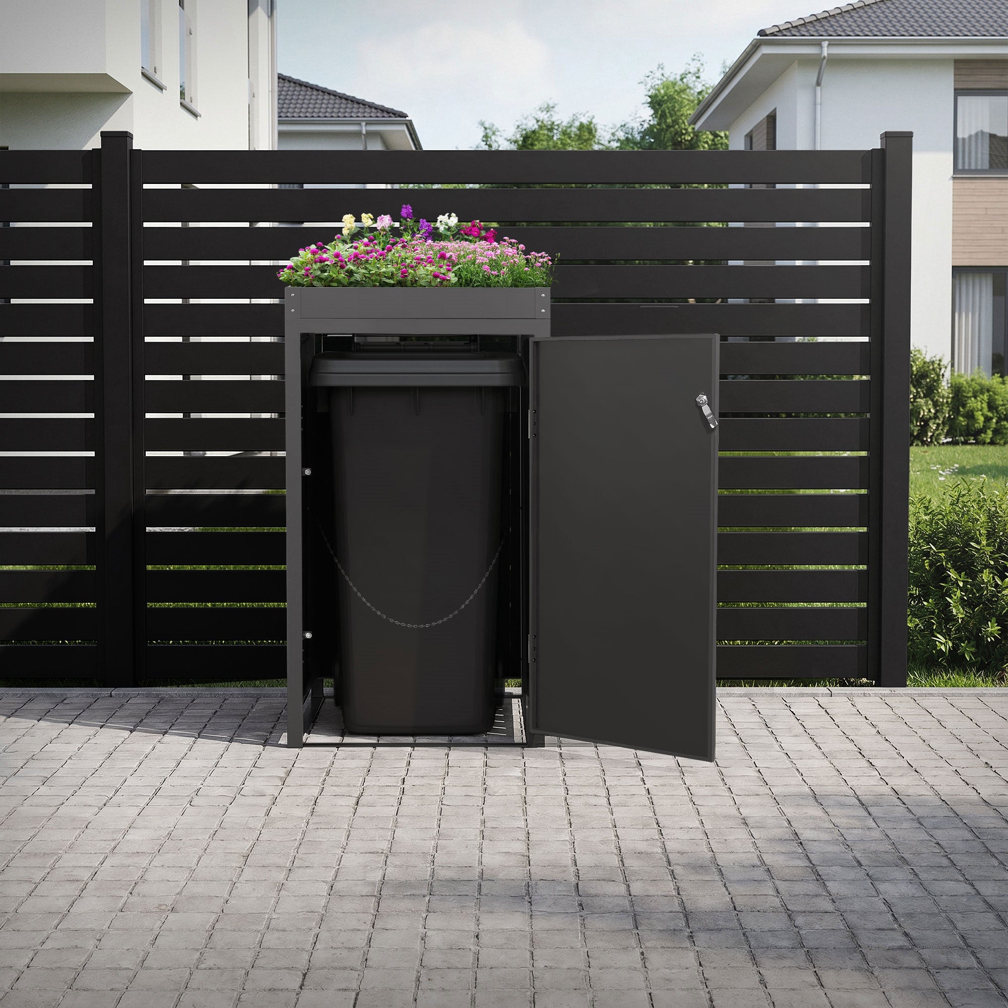 Mülltonnenbox mit geöffneter Tür und Mülltonne im Inneren.