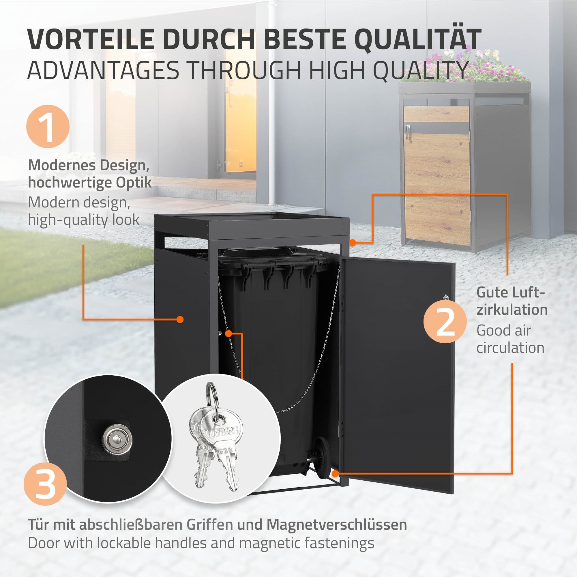 Mülltonnenbox mit Tür und Schlüsselschloss, aus hochwertigem Material.
