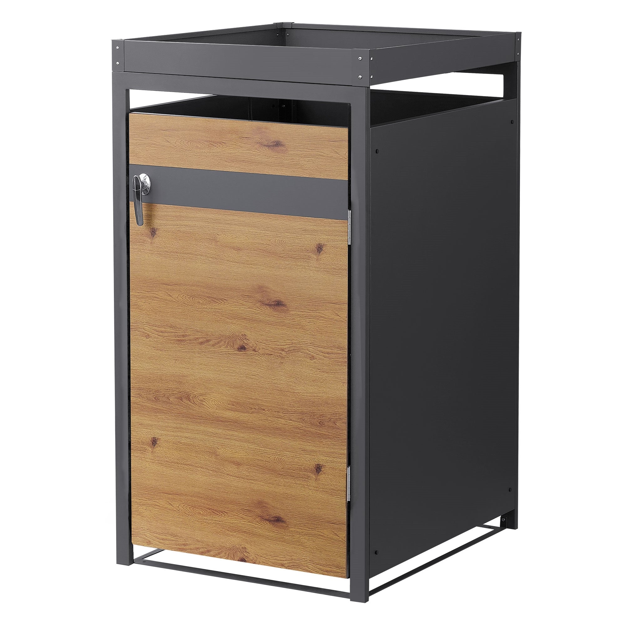 Mülltonnenbox in Holzoptik, mit einer Tür und einem stabilen Rahmen.