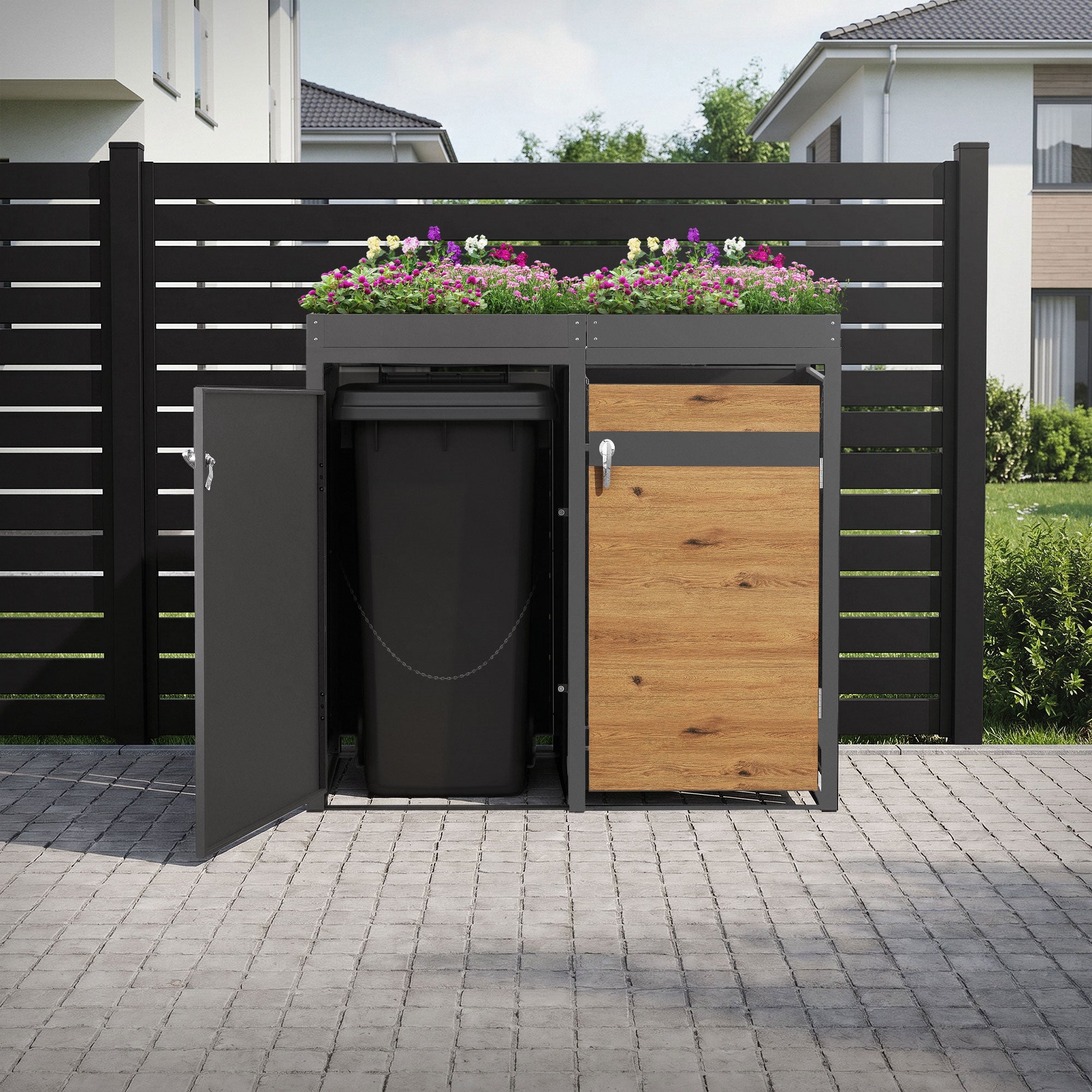 Mülltonnenbox mit geöffneter Tür und Mülltonne im Innenraum