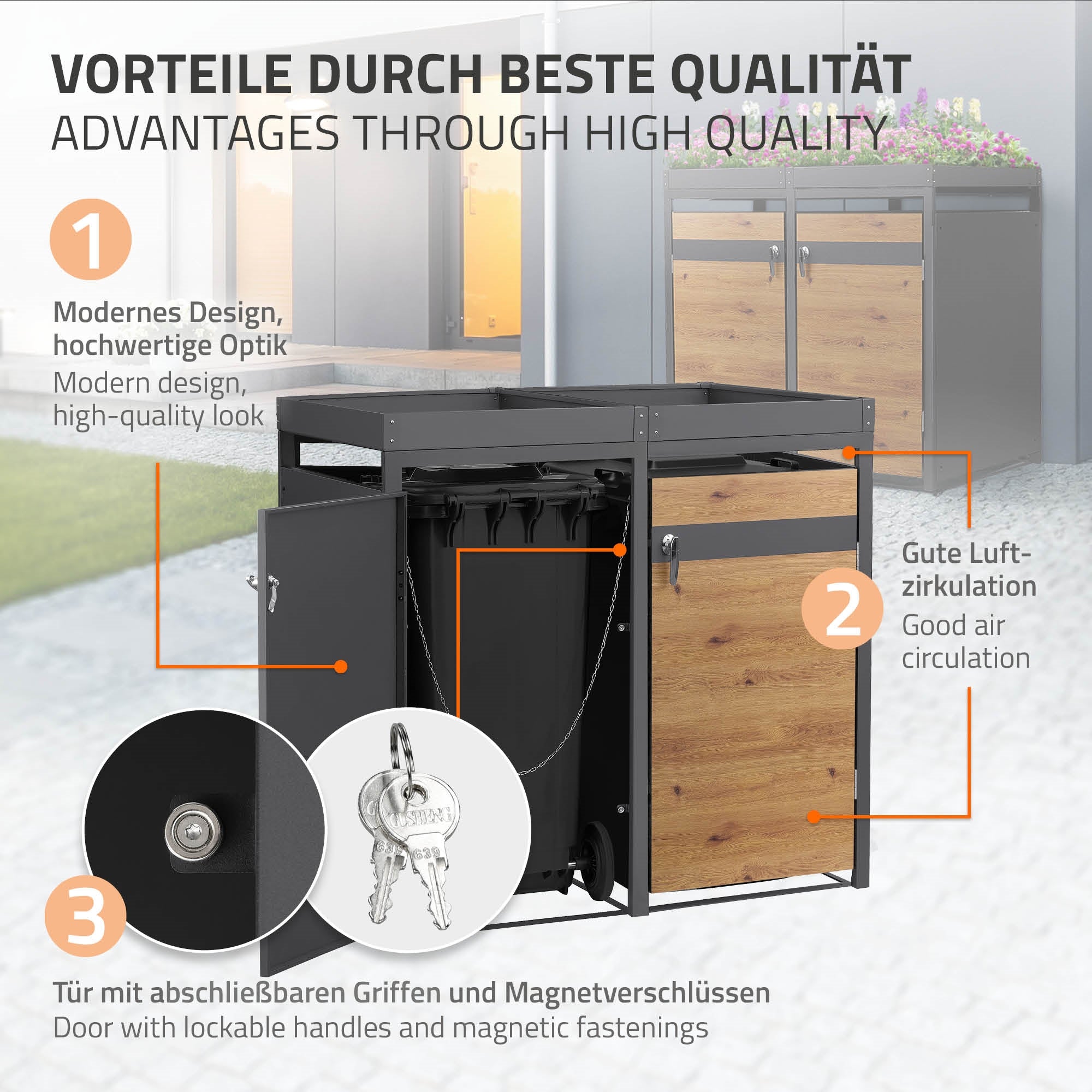 Mülltonnenbox mit Pflanzenbereich und robustem Stahlrahmen,