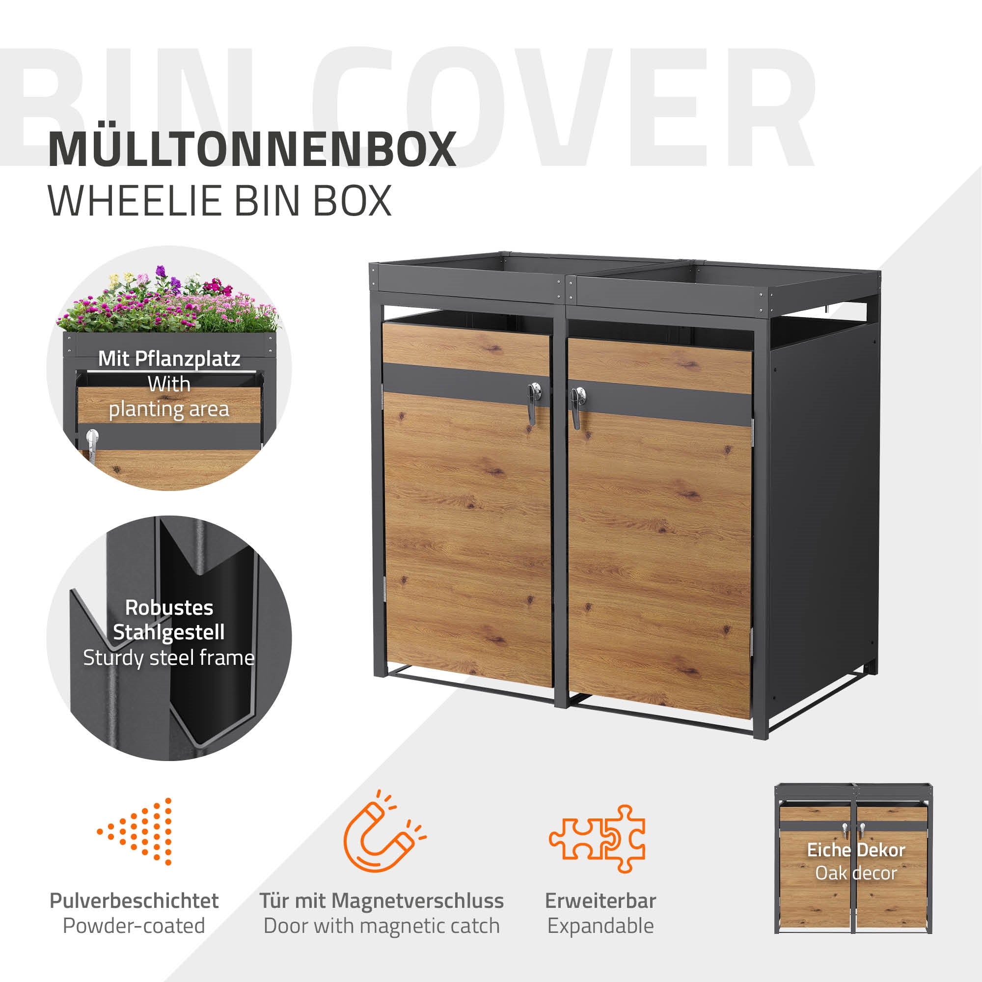 Mülltonnenbox mit Pflanzplatz und robustem Stahlgestell.