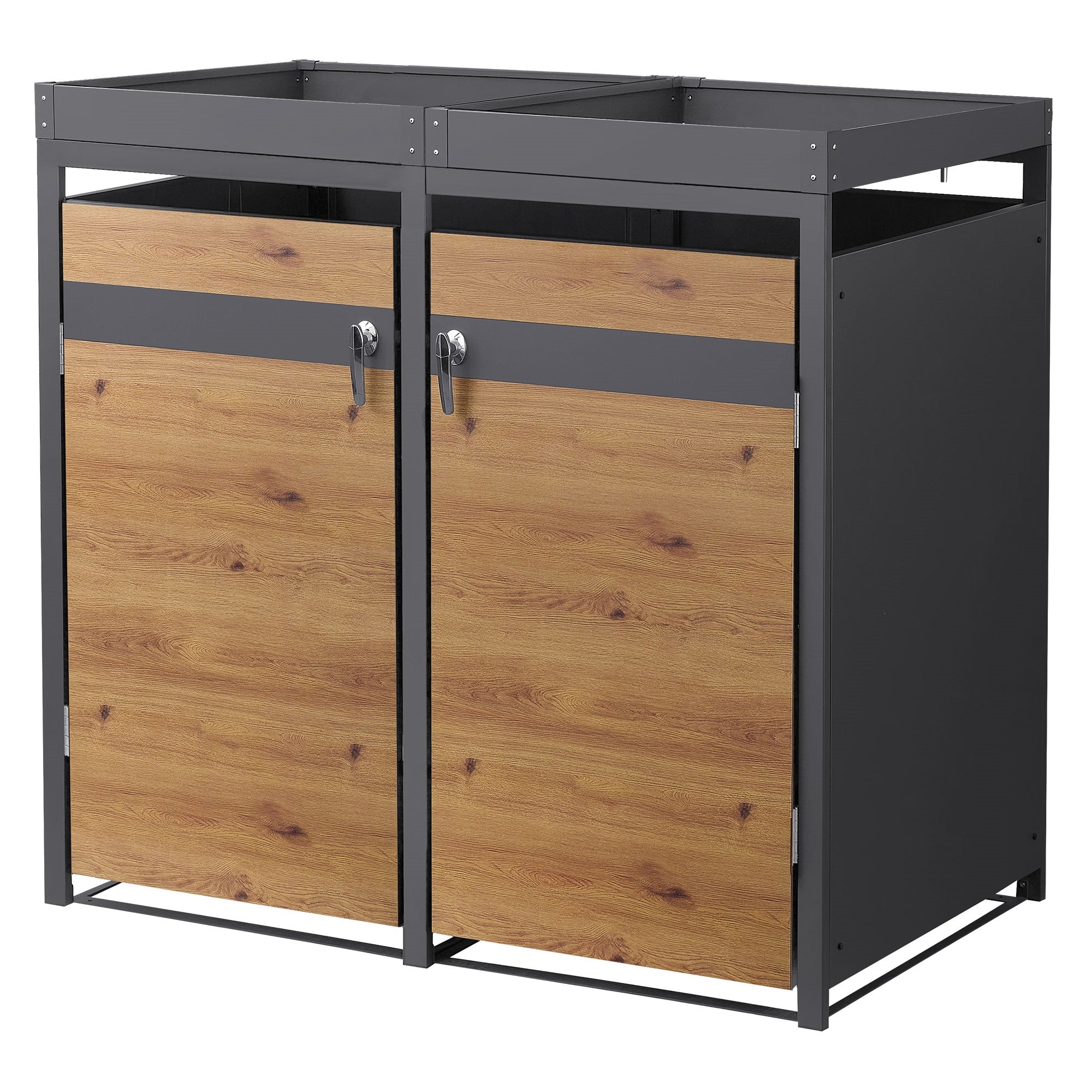 Mülltonnenbox mit zwei Fächern und Holzoptik.