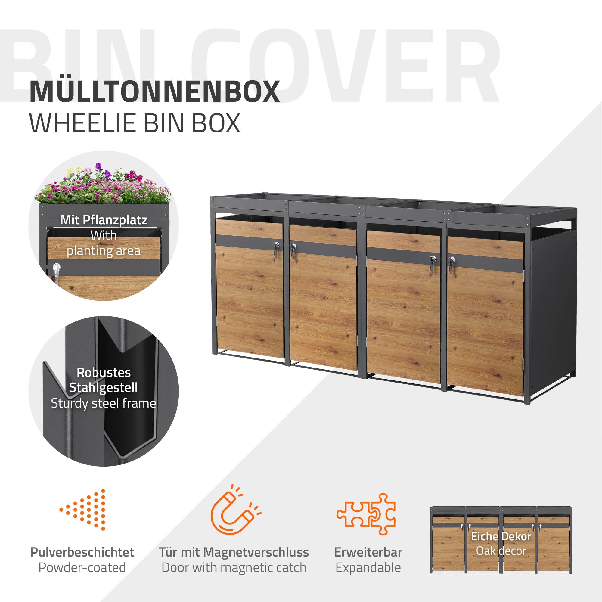 Mülltonnenbox mit Pflanzenbereich und robustem Stahlrahmen.