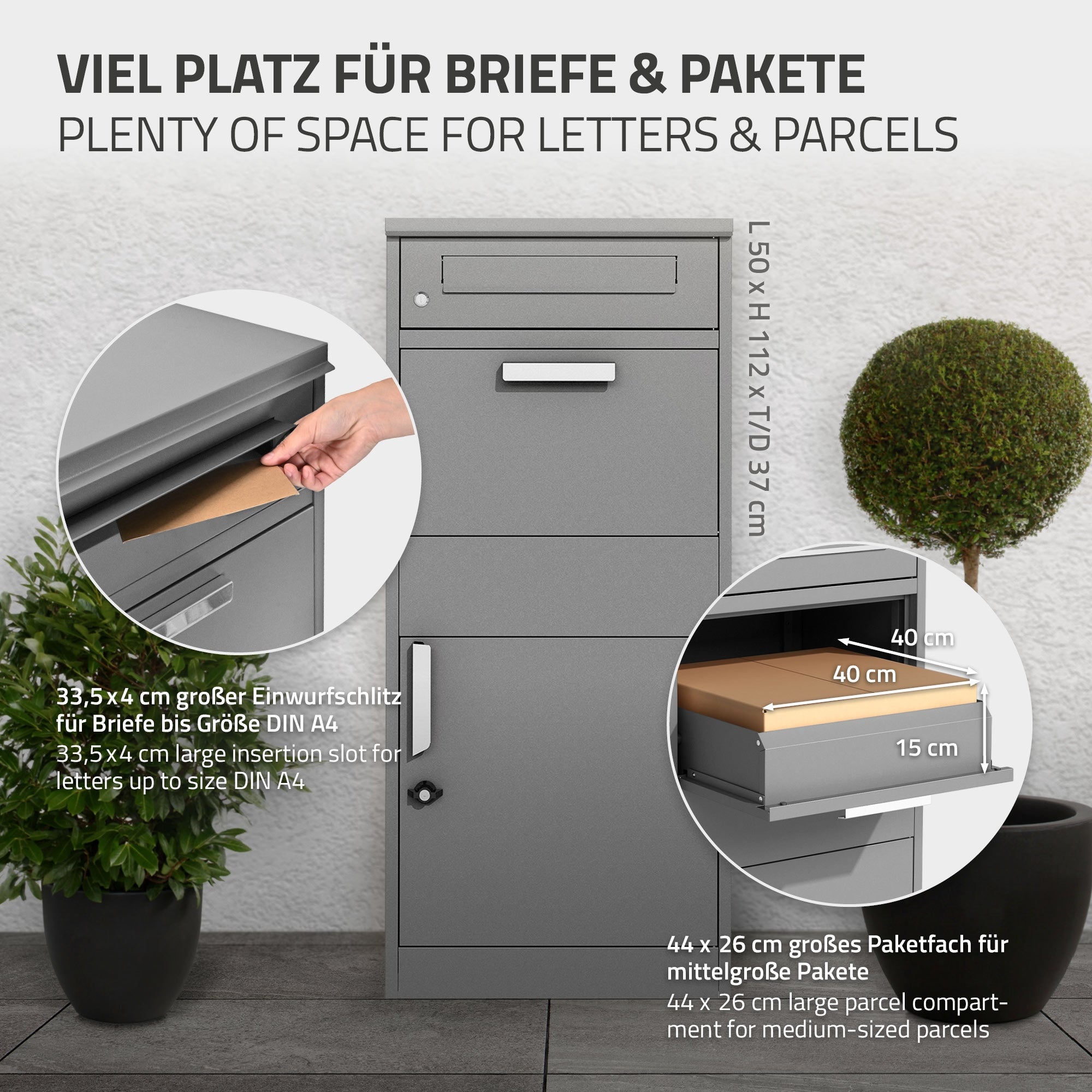 Briefkasten mit großem Einwurfschlitz und Platz für Pakete.
