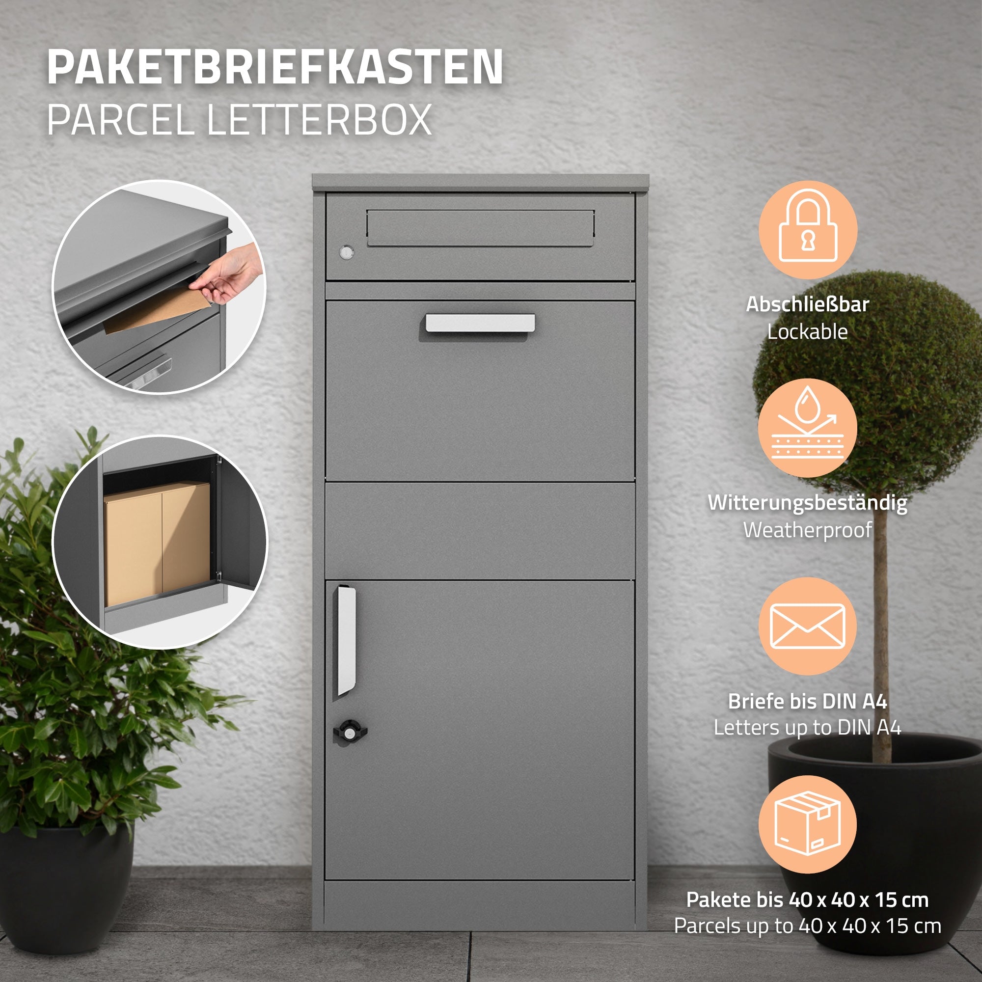 Ein Paketbriefkasten mit verschiedenen Fächern und einem Schloss.