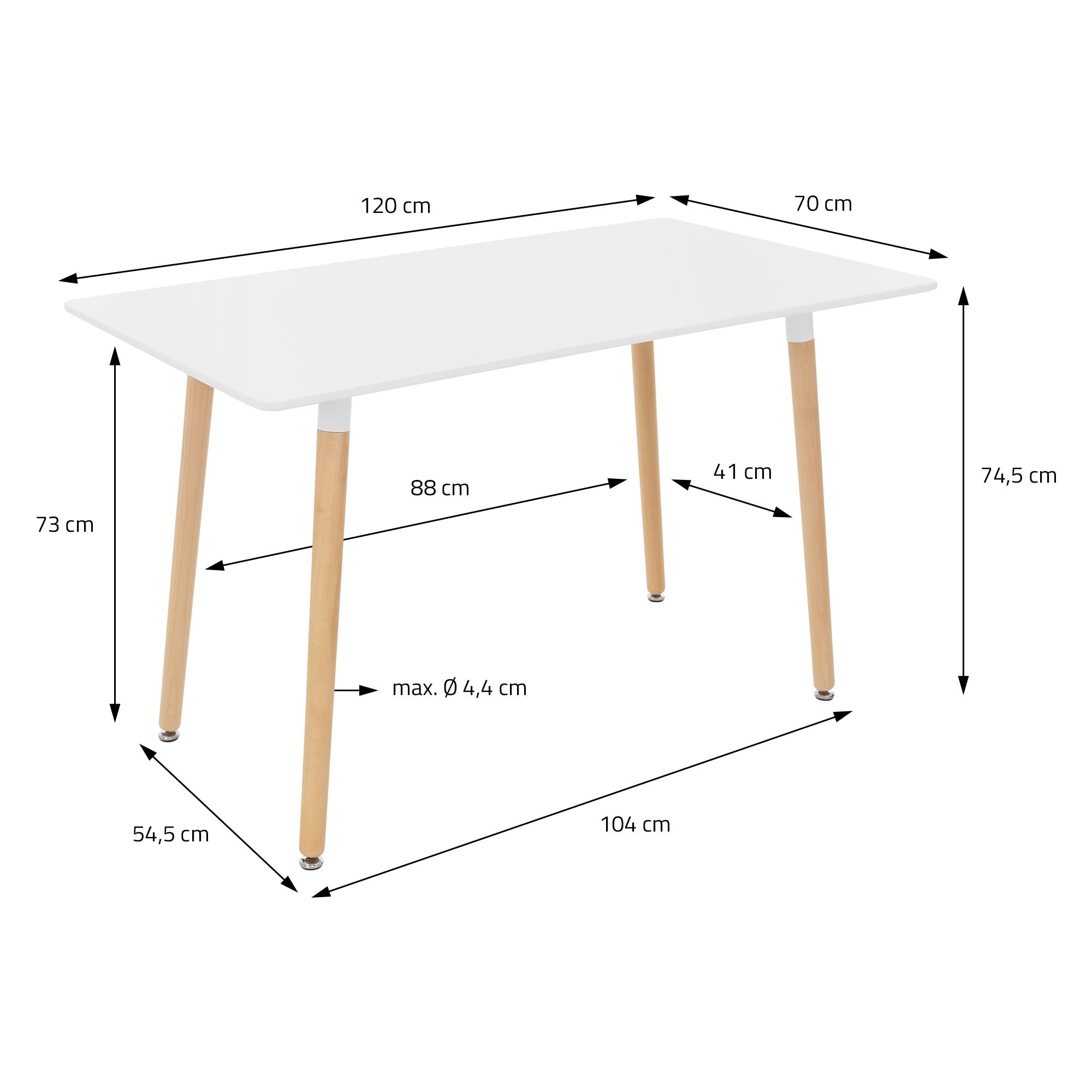 White table with wooden legs, dimensions: 120x70 cm, height 73 cm.