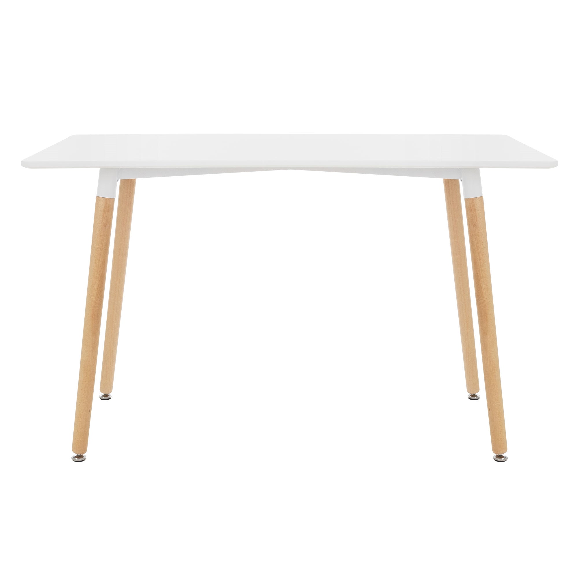 A white table with wooden legs, on a light floor.