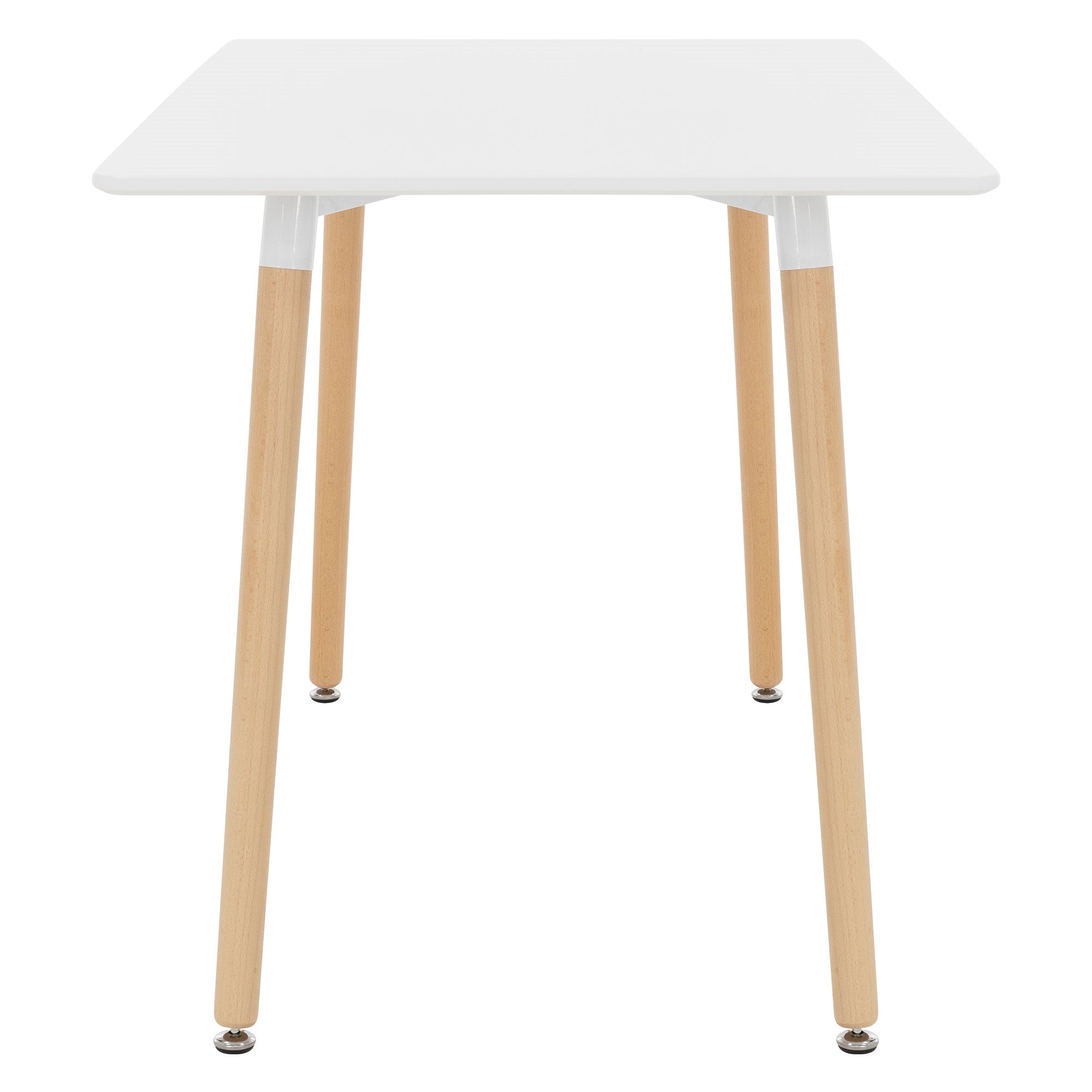 White table with wooden legs, taken from the front, without additional objects.