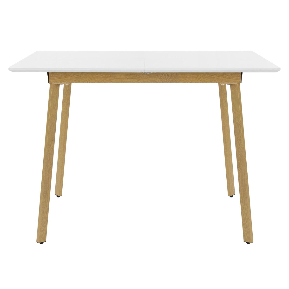 Een tafel met witte oppervlakken en houten poten.
