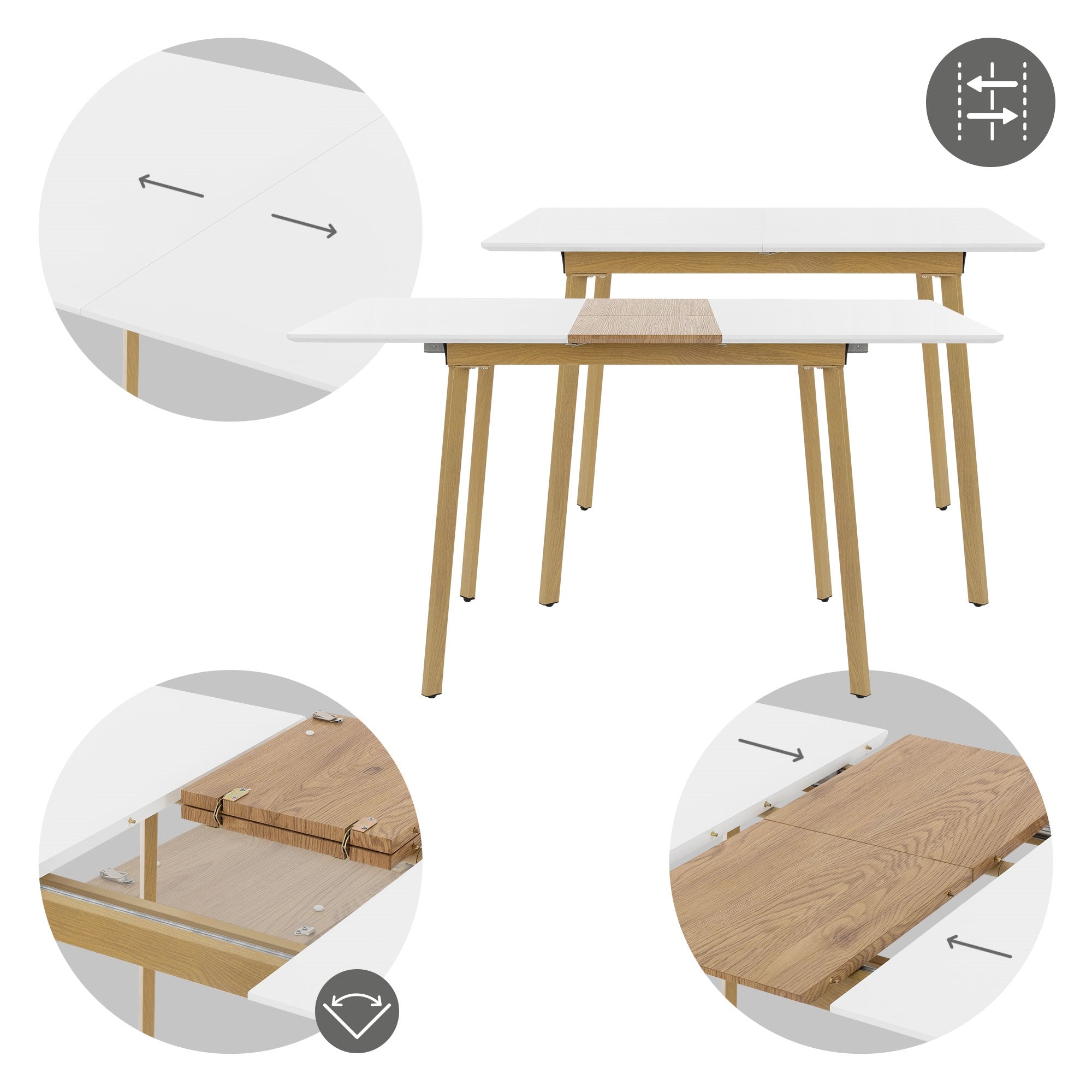 White table with wooden legs, extendable, with a detailed view of the mechanism.