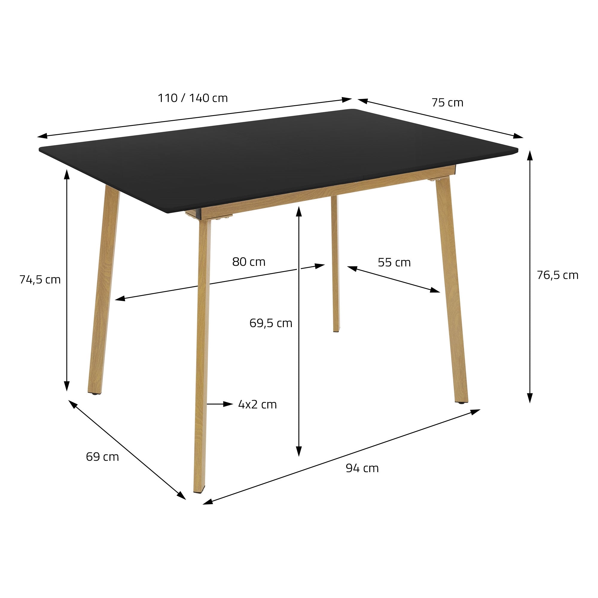 Schwarzer Tisch mit Maßen und Holzbeinen, von oben betrachtet.