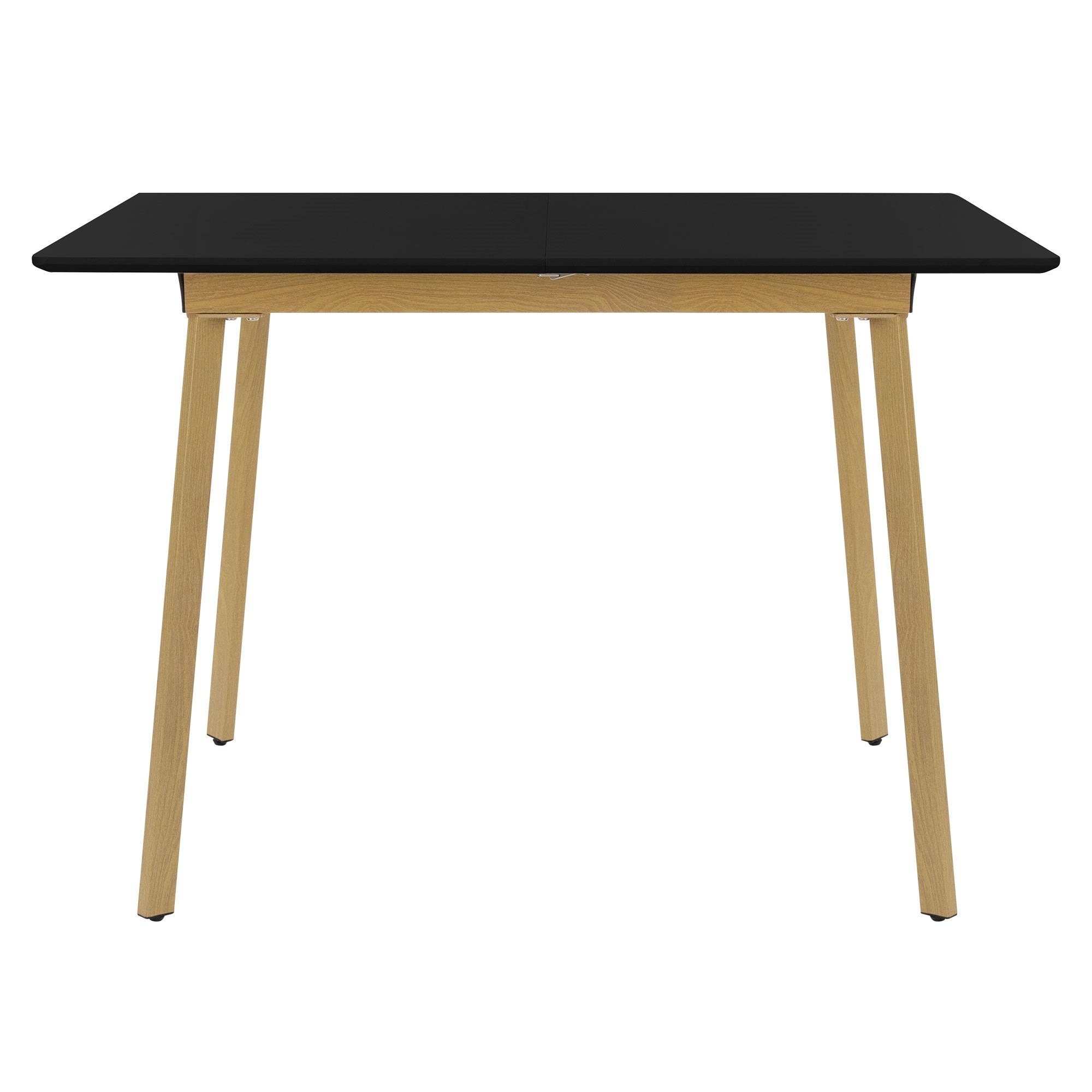 Schwarzer Tisch mit Holzbeinen, frontal aufgenommen.