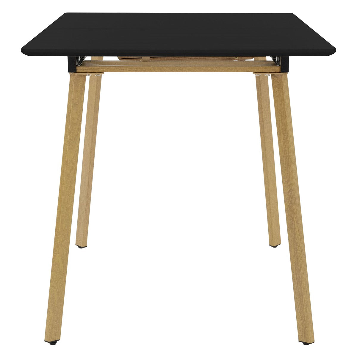 Mesa de madeira com tampo preto e quatro pernas de madeira.