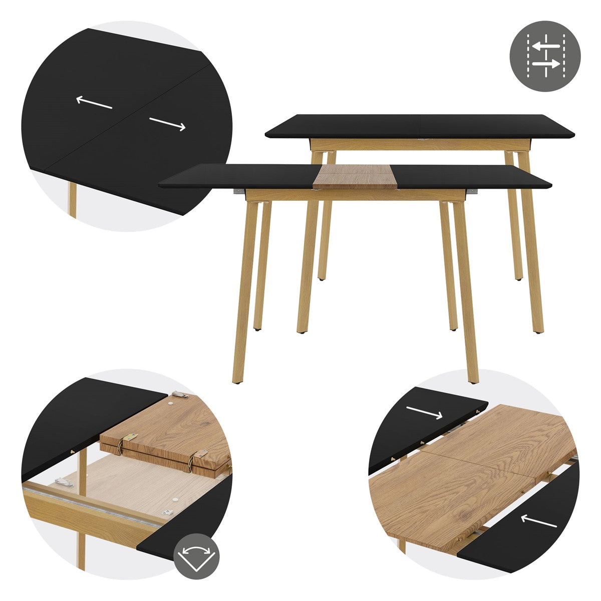 Zwarte tafel met houten poten, uitschuifbaar, met een gedetailleerde weergave van het mechanisme.