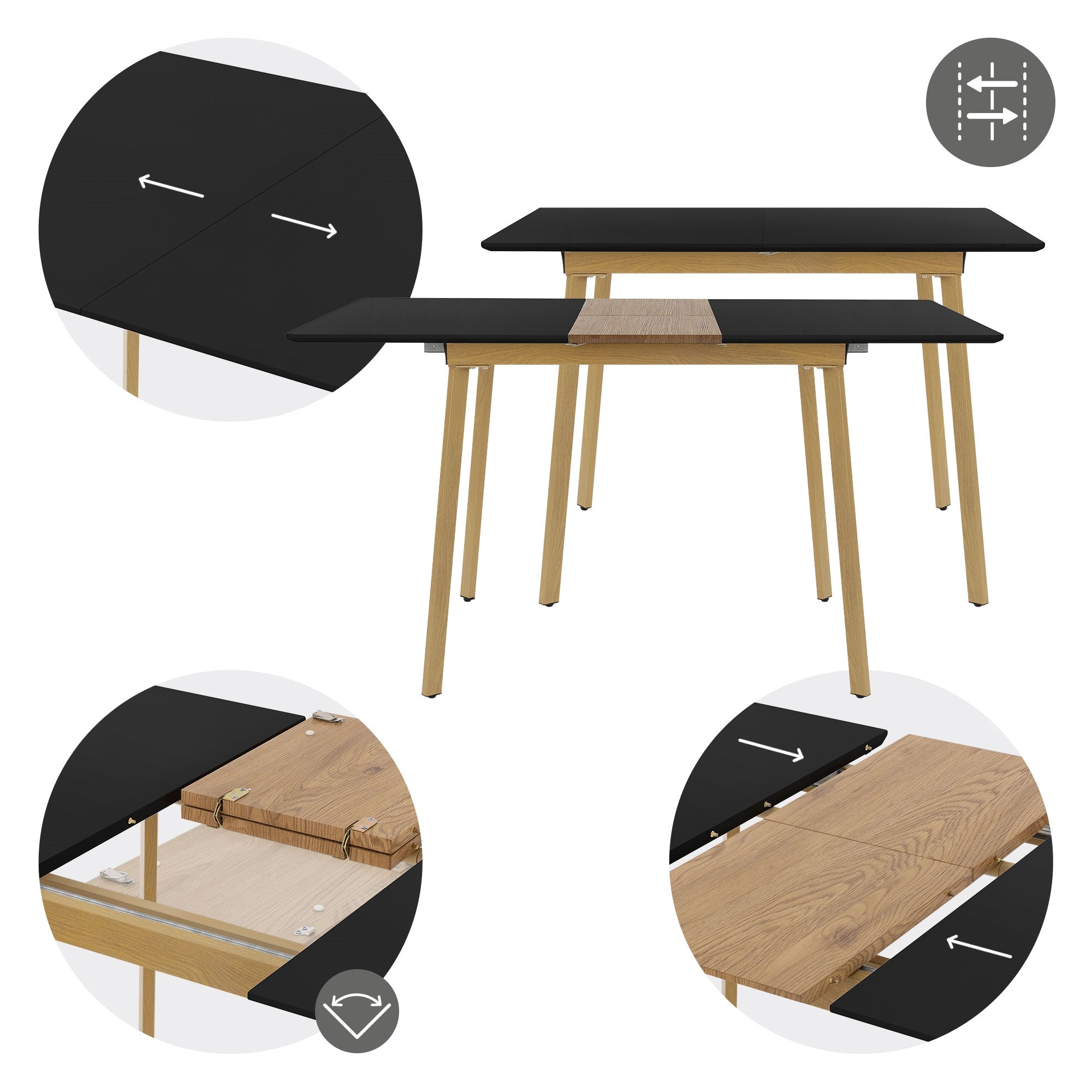 Schwarzer Tisch mit Holzbeinen, ausziehbar, mit Detailansicht der Mechanik.