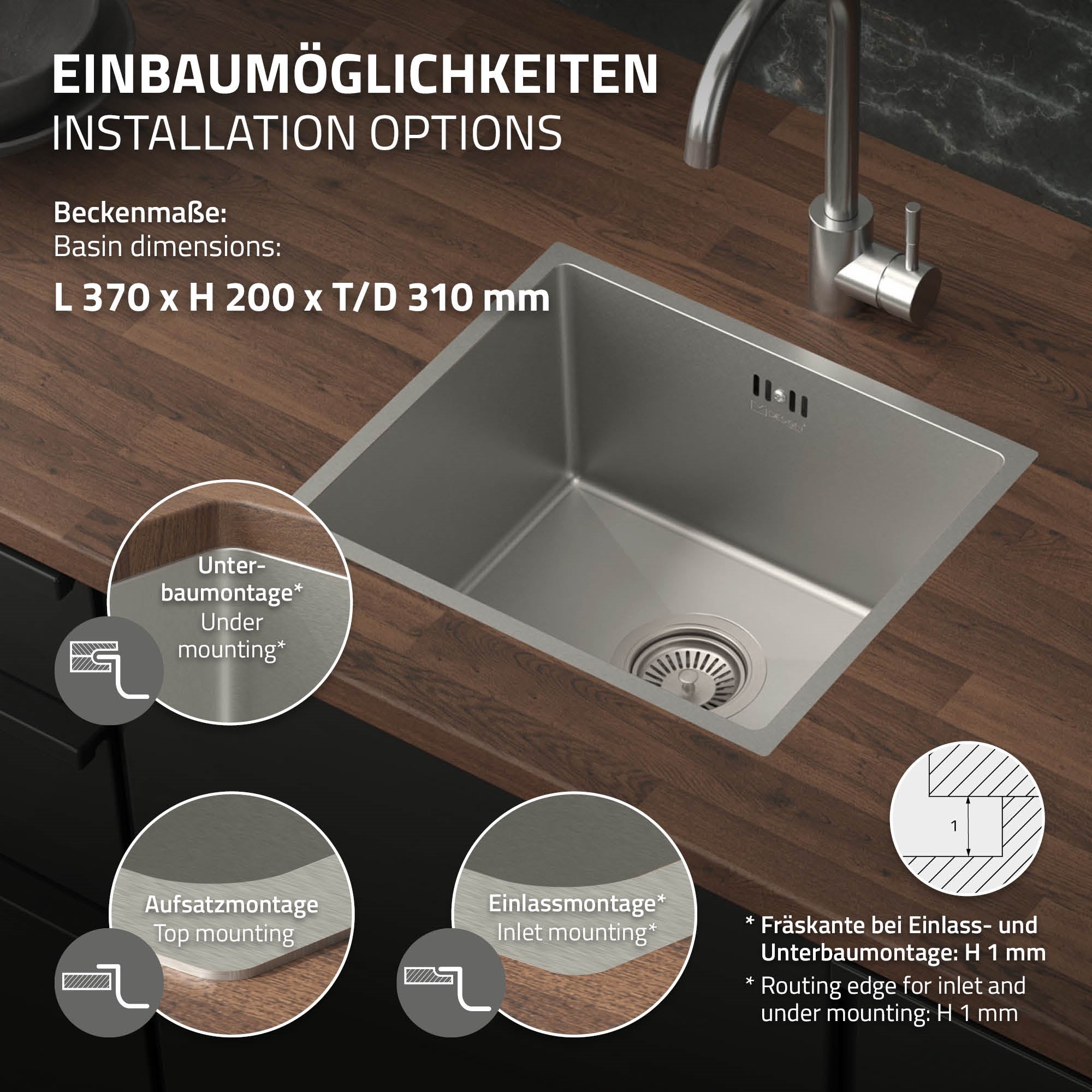 Kitchen sink with installation options and dimensions on wooden surface.