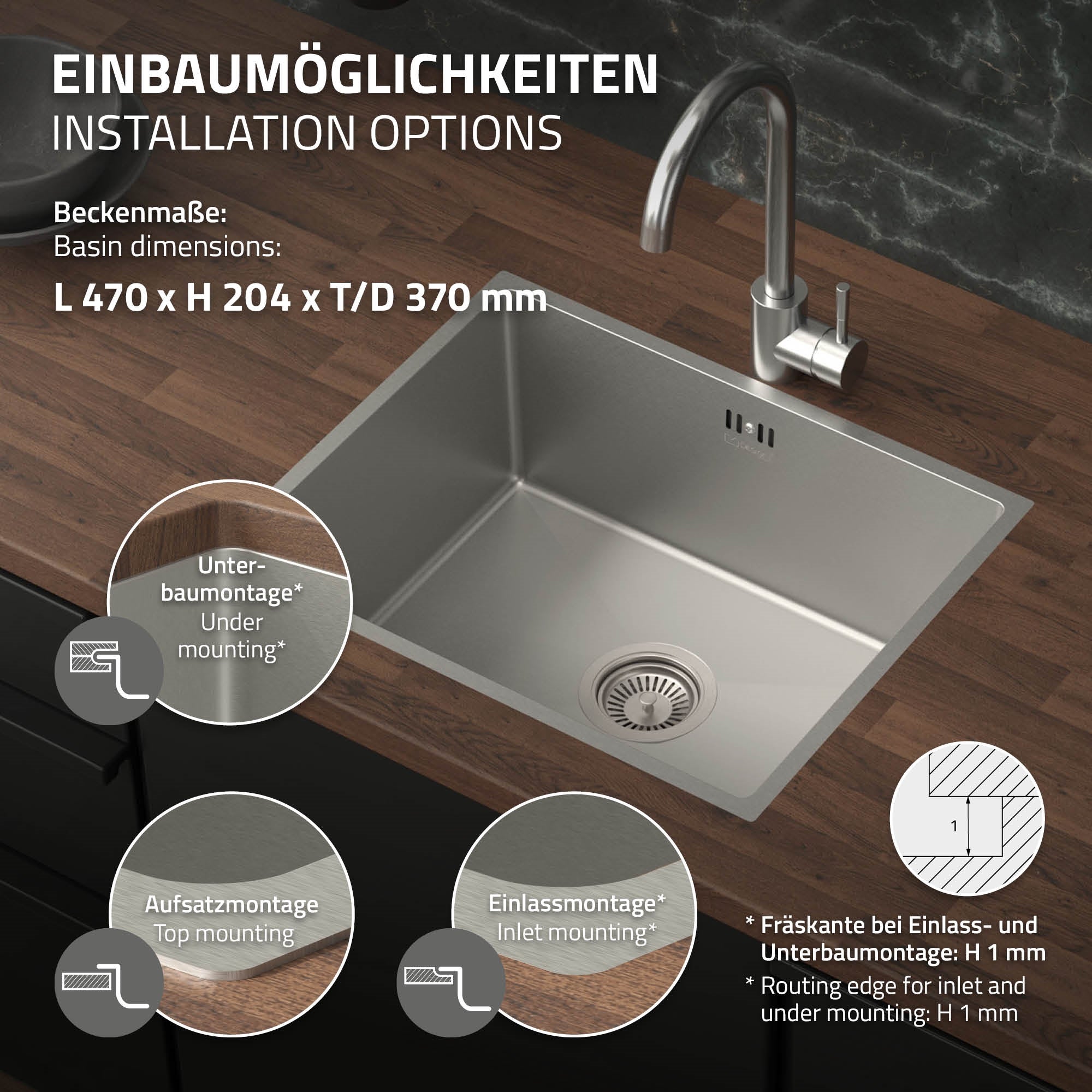 Edelstahlspüle mit Installationsoptionen und Wasserhahn.