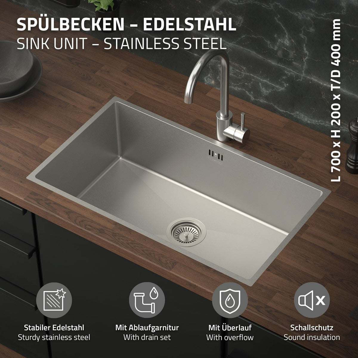 Edelstahlspülbecken mit Ablaufgarnitur und Schalldämmung.