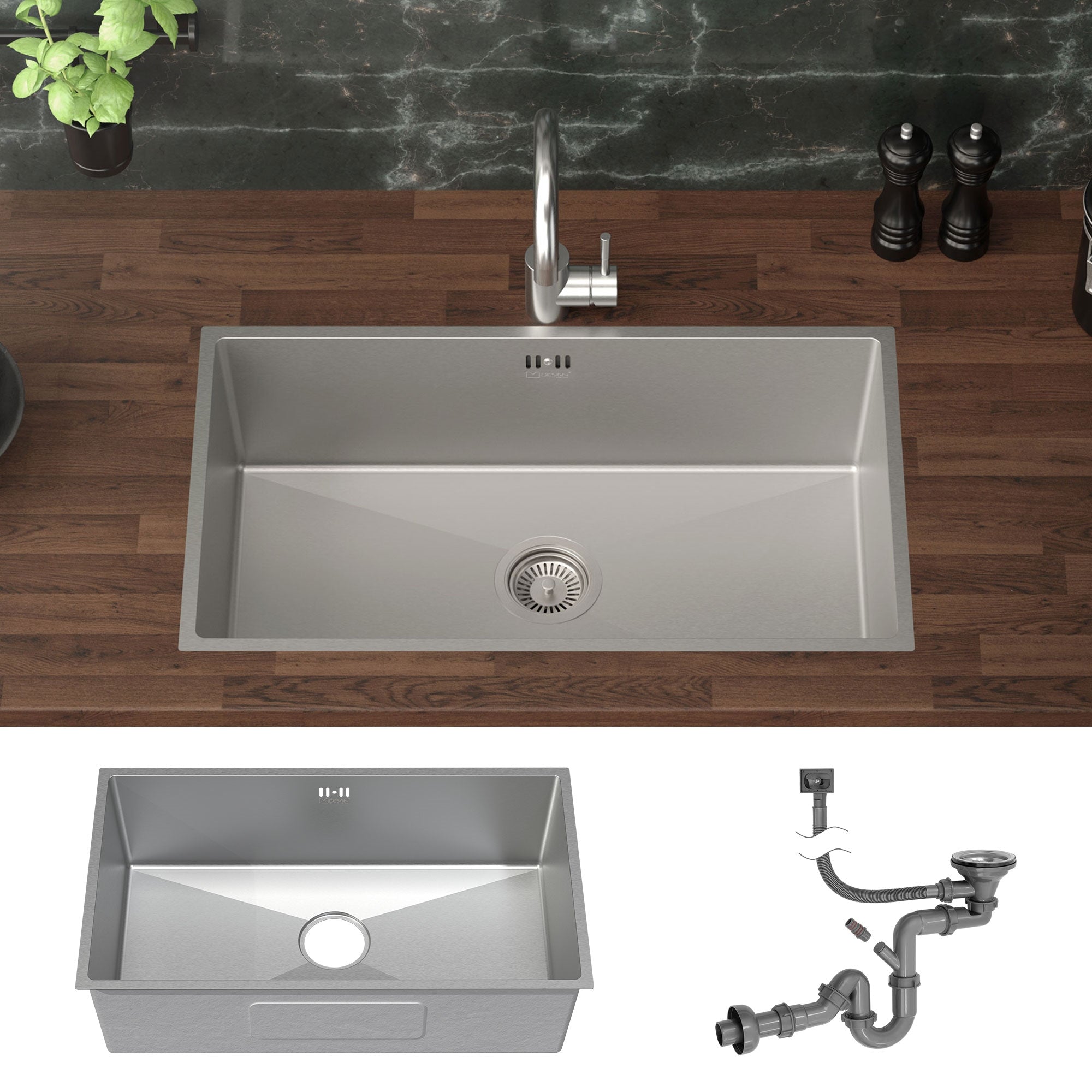 Eckansicht einer Edelstahlspüle mit Abfluss und Wasserhahn auf Holzobe