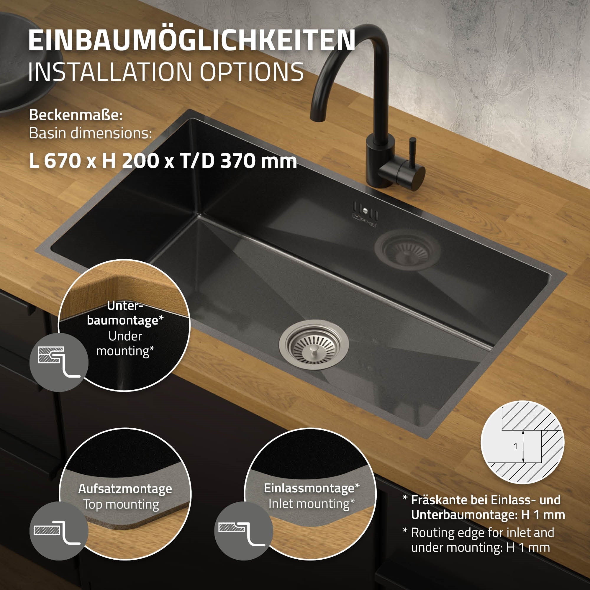 Technische Zeichnung eines Waschbeckens mit Installationsoptionen.