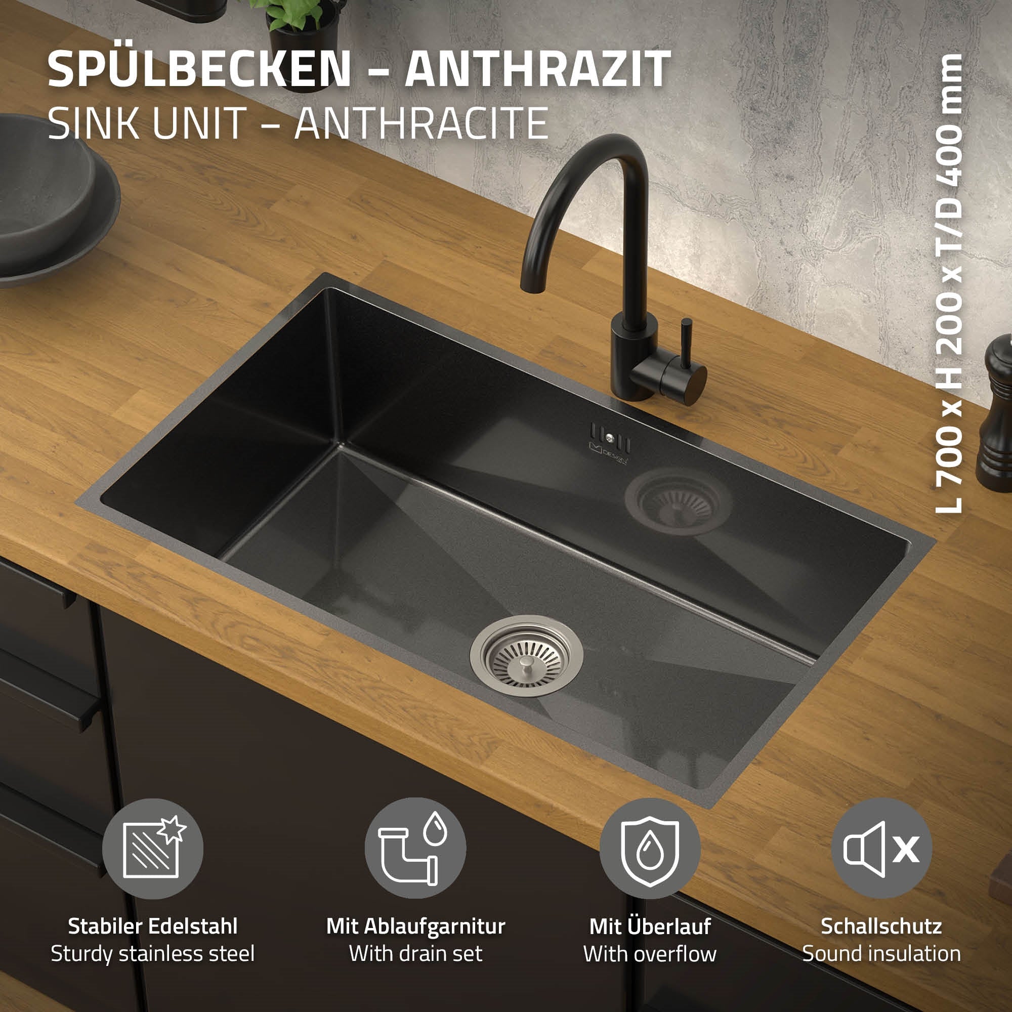 Bild eines anthrazitfarbenen Spülbeckens mit Wasserhahn.