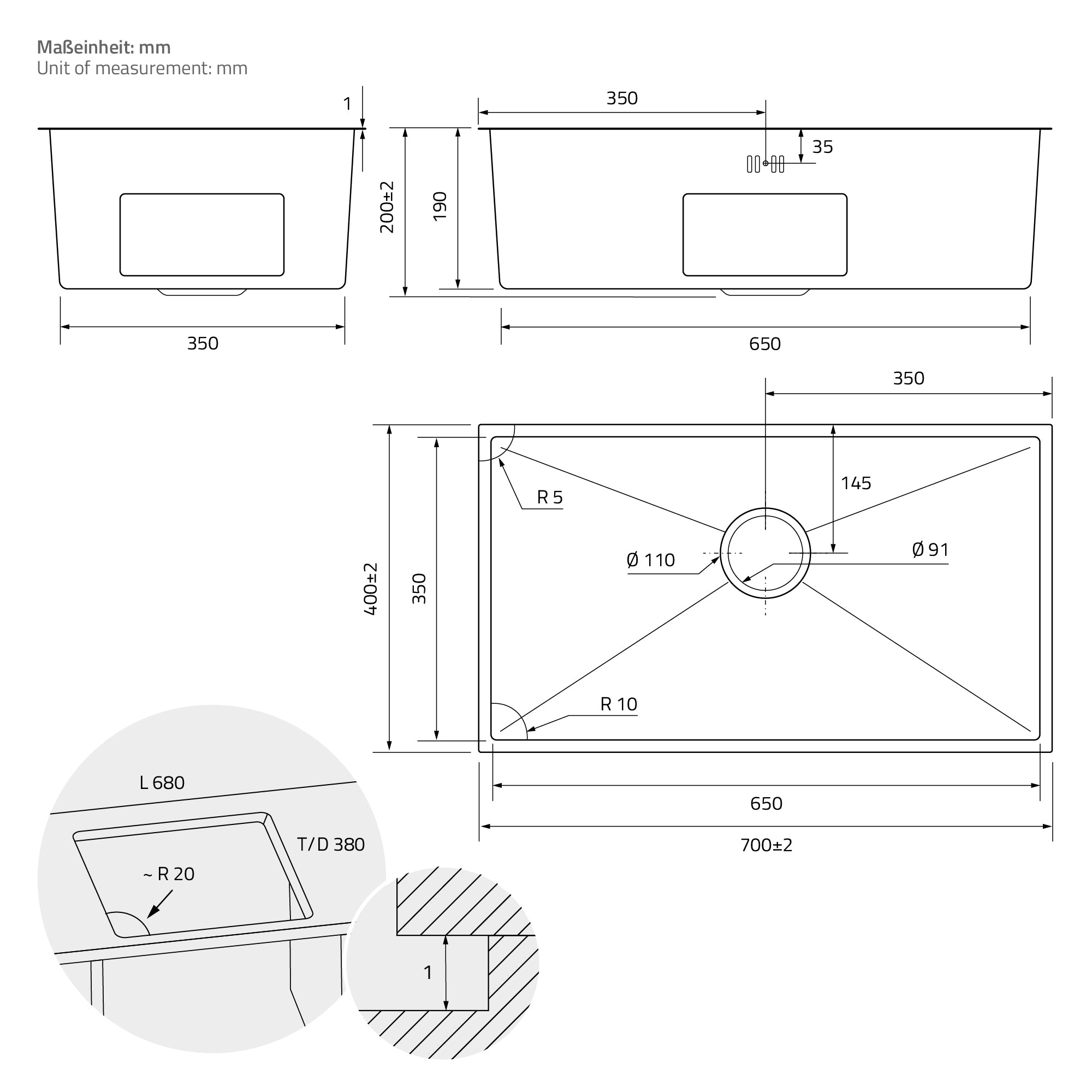 Technische Zeichnung eines Waschbeckens mit Maßen in Millimetern.