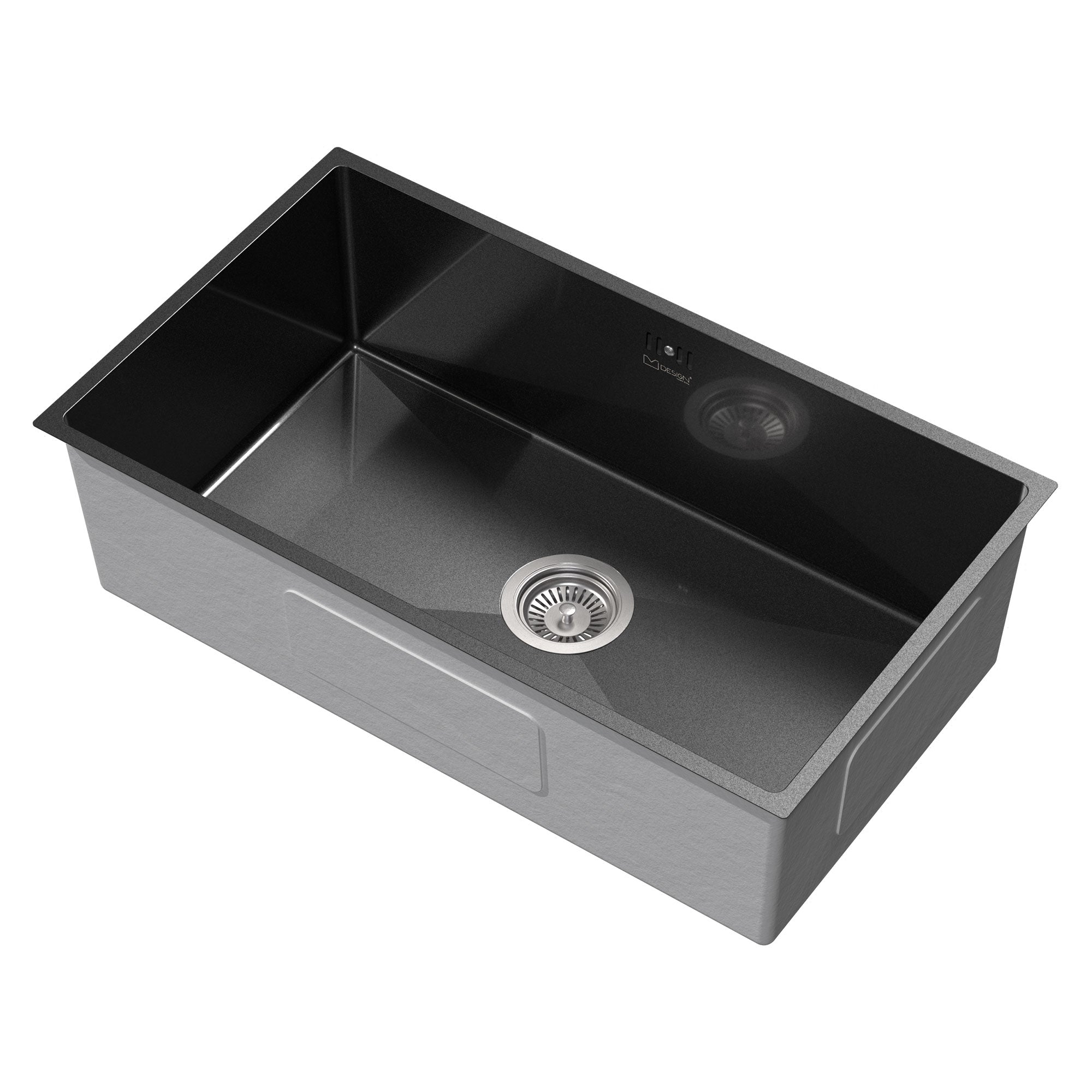 Schwarzes Spülbecken mit Abfluss und zwei Kammern.