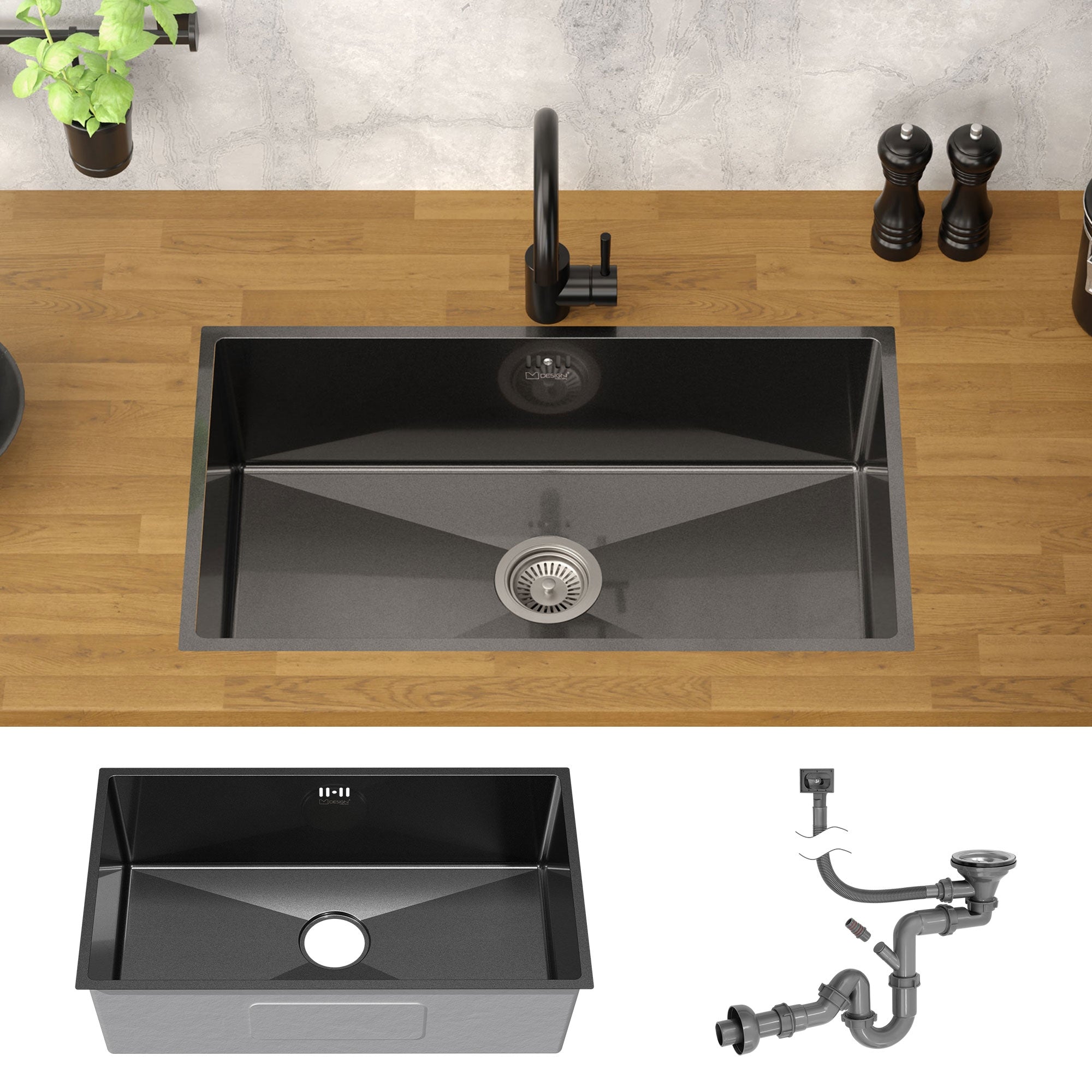 Schwarzes Spülbecken auf einer Holzarbeitsplatte mit Wasserhahn und Zu