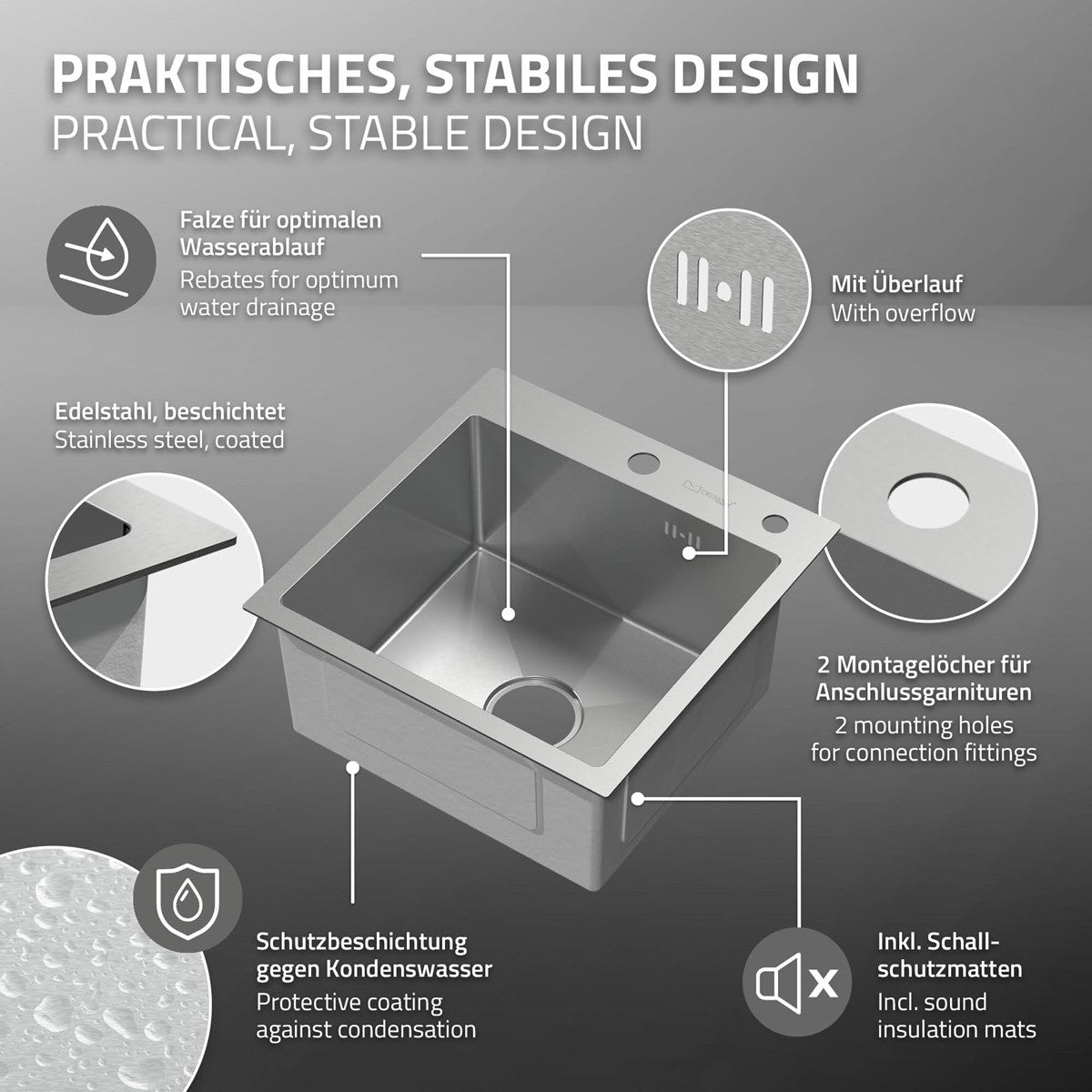 Grafik mit Informationen zu einem stabilen Edelstahl-Spülbecken.