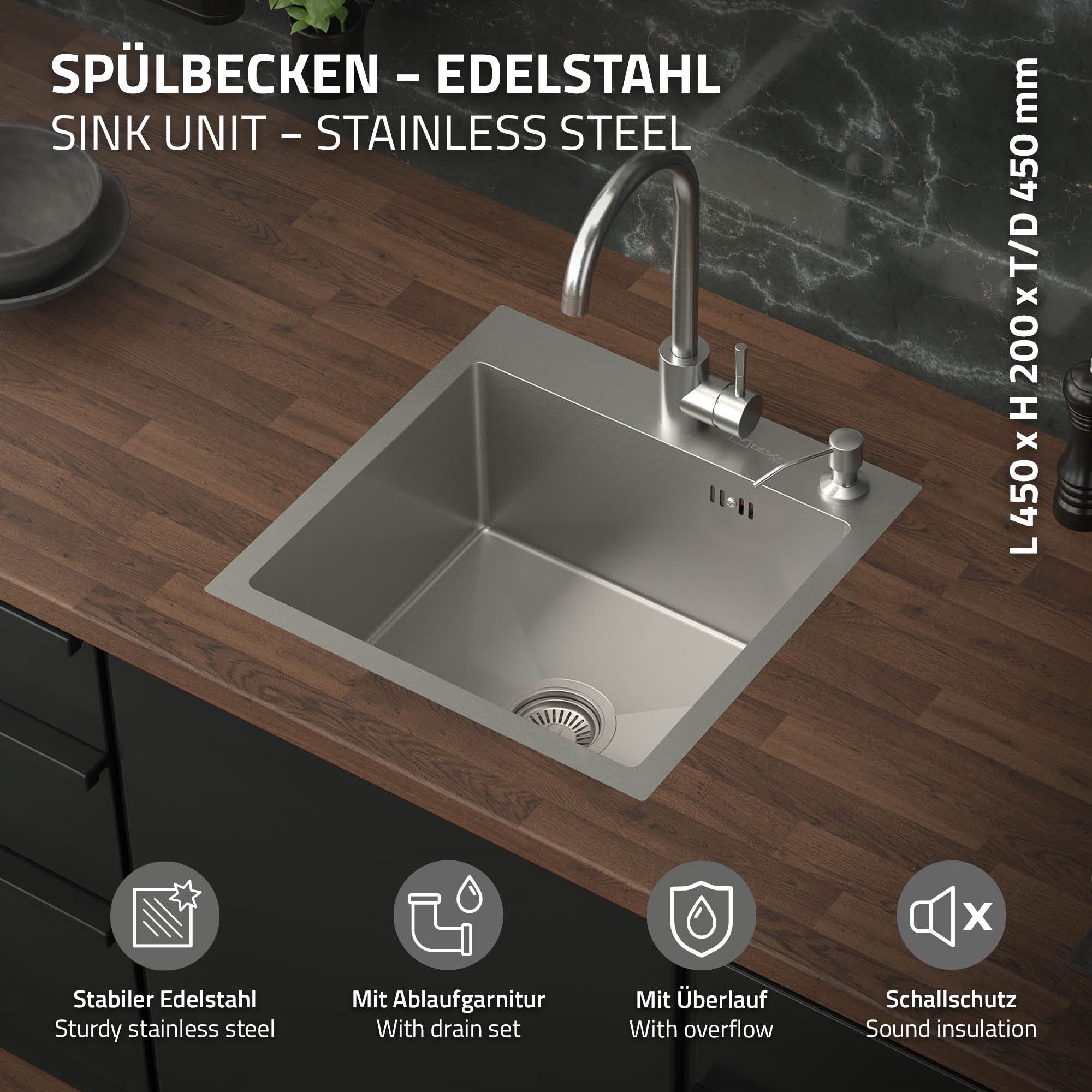 Edelstahl-Spülbecken mit Wasserhahn und Ablaufgarnitur auf Holzarbeits