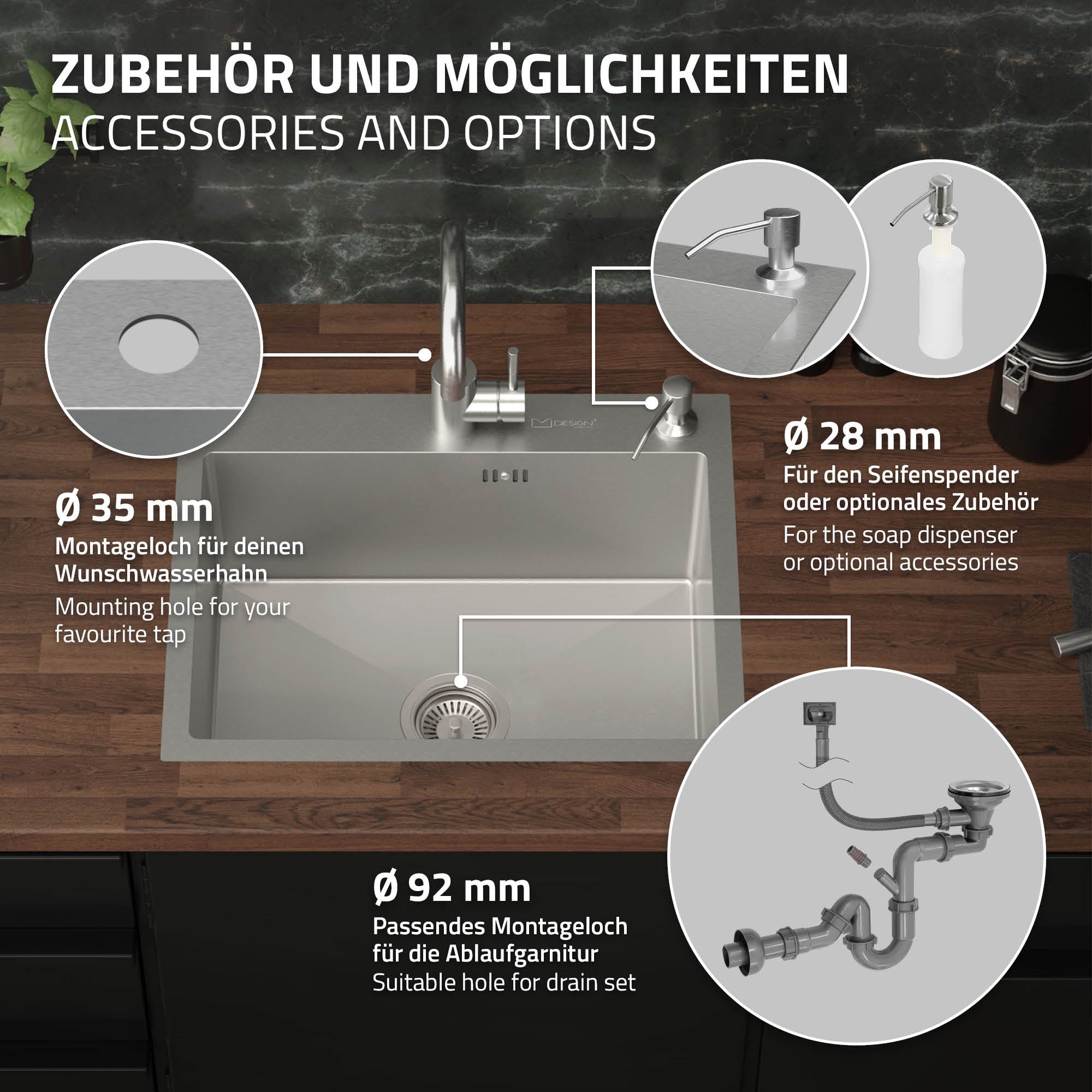 Küchenarbeitsplatte mit Spüle und Zubehör, inklusive Montagehinweisen.