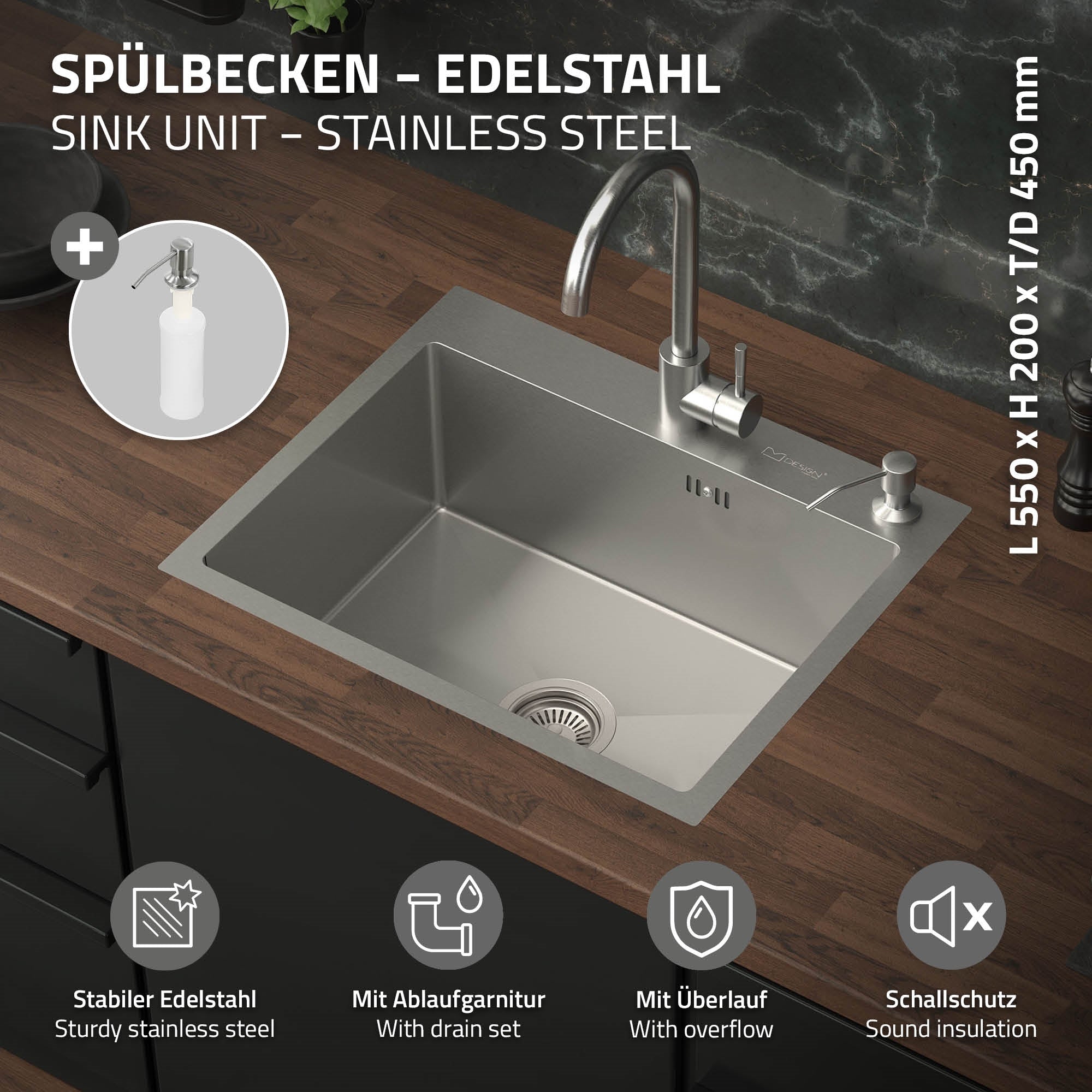 Edelstahl-Spülbecken mit Wasserhahn und Abfluss in einer Küche.