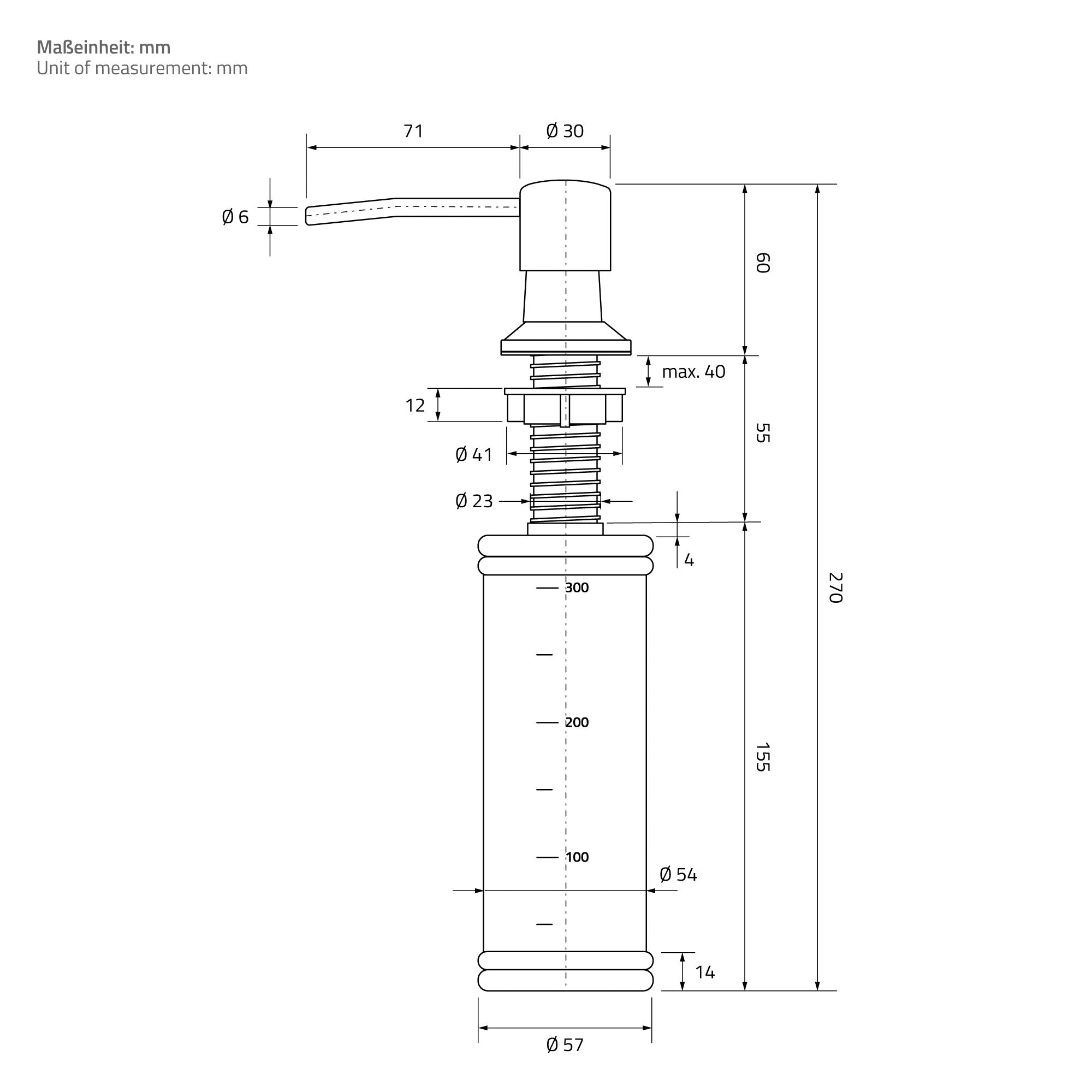 Technische Zeichnung eines Seifenspenders mit Maßen in Millimetern.