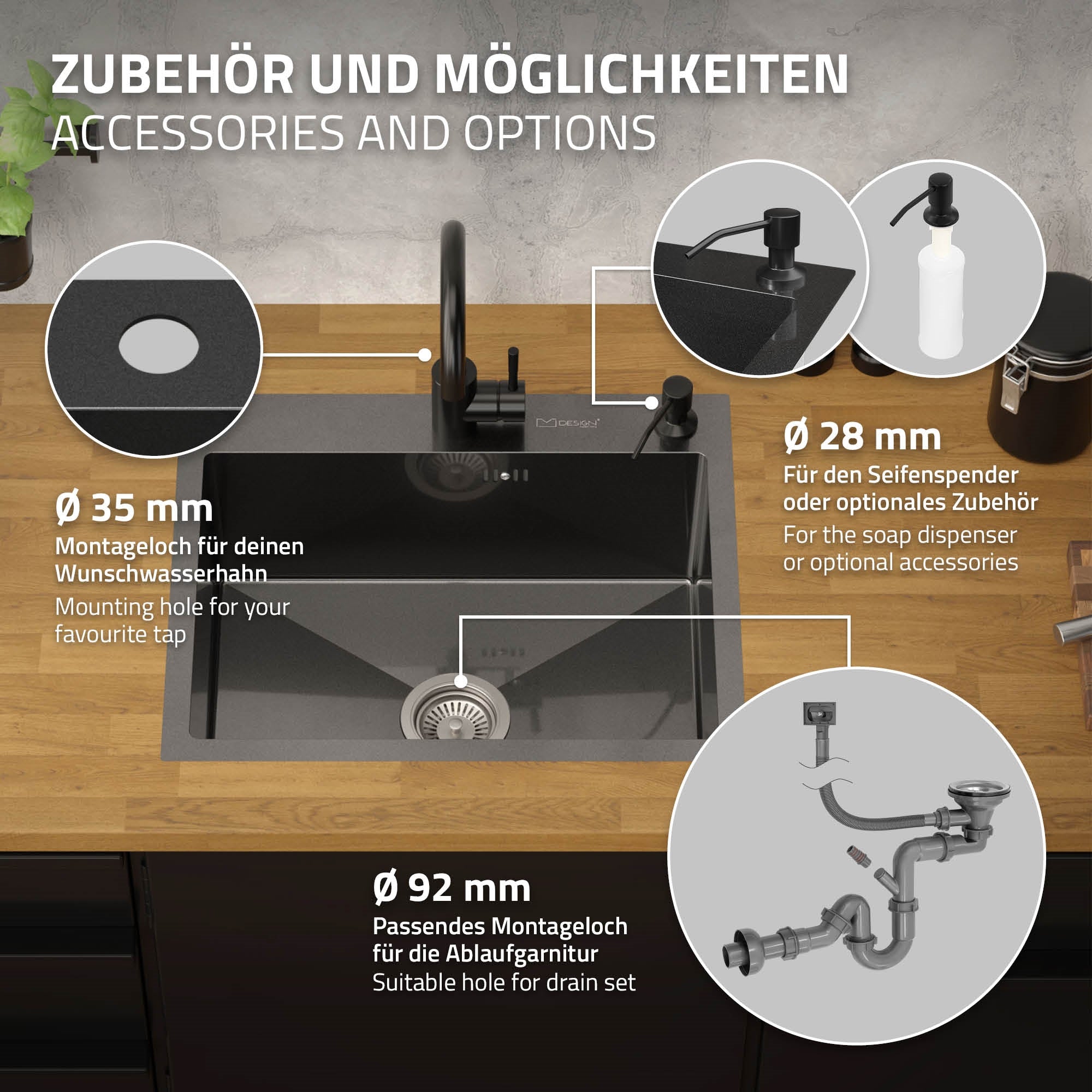 Diagramm mit Montageoptionen für Zubehör an einer Küchenspüle.
