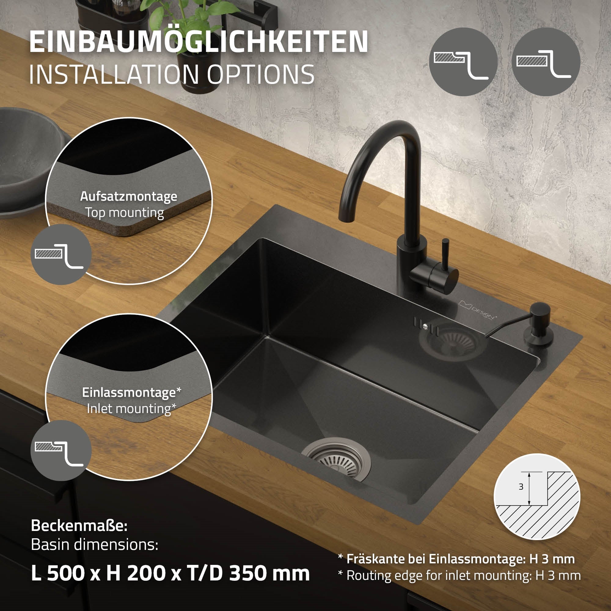 Installation Optionen für Spülbecken mit Abmessungen.