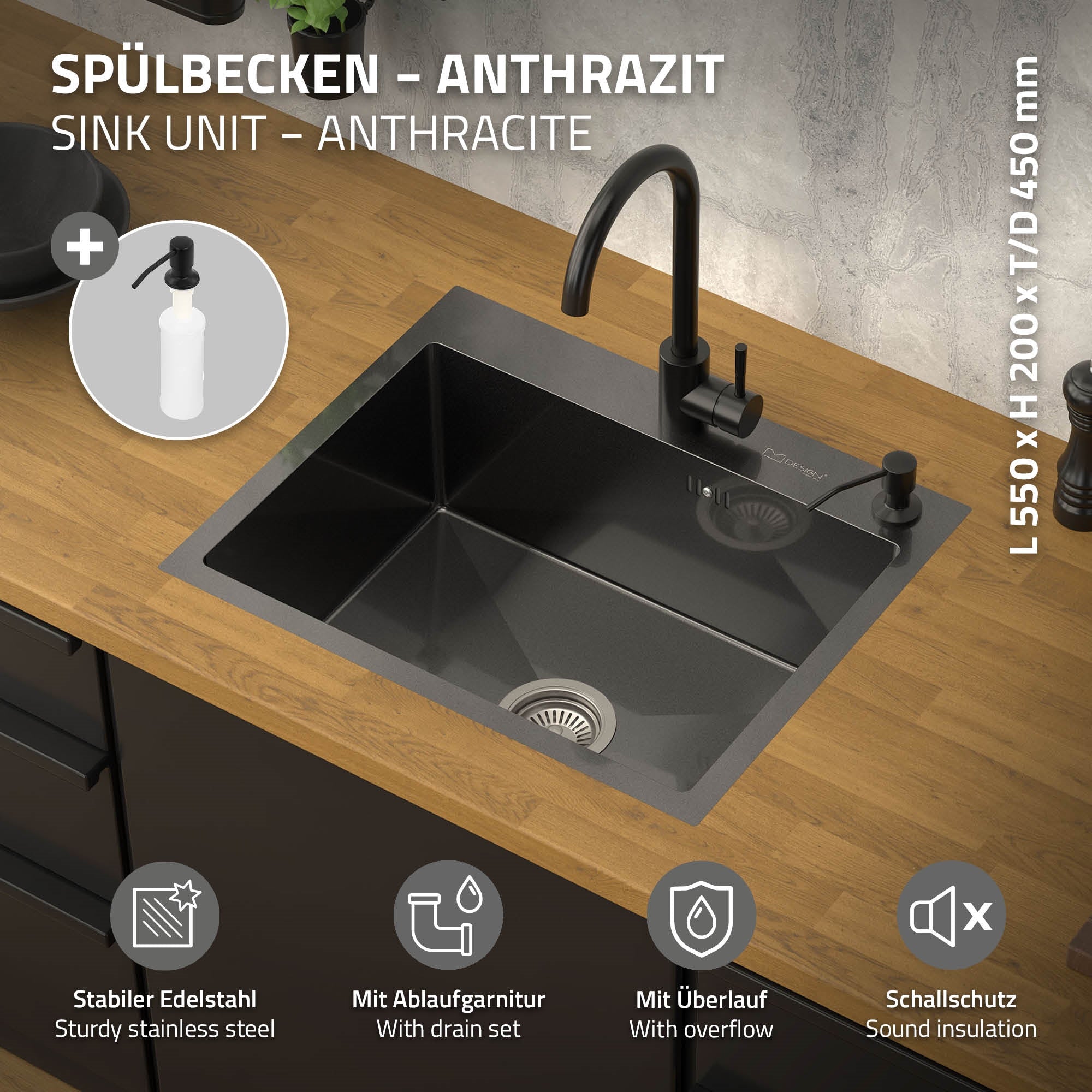 Schwarzes Spülbecken aus Edelstahl mit Wasserhahn und Zubehör.