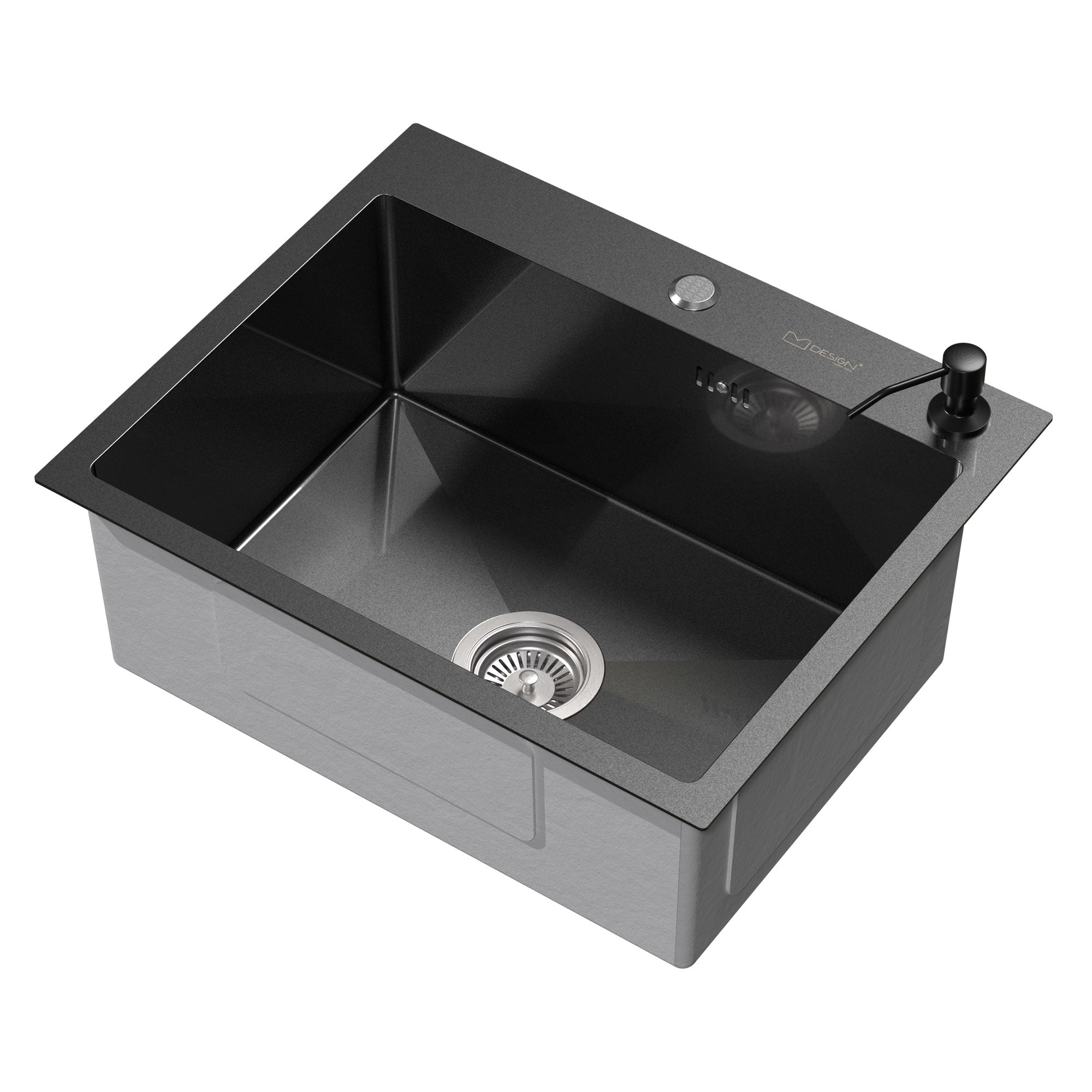 Black sink with drain and faucet.
