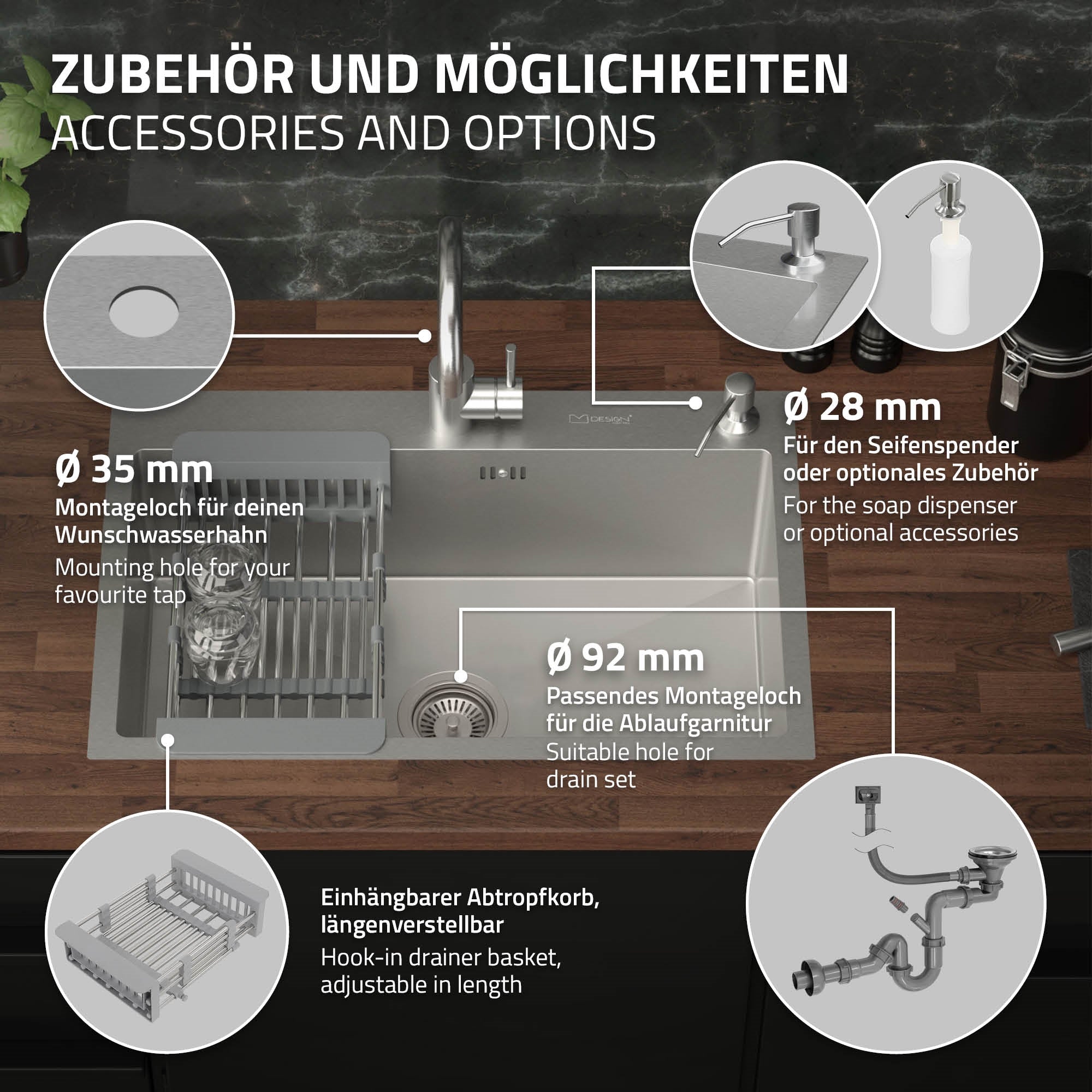 Edelstahlspüle mit Zubehör und Wasserhahn auf Holzarbeitsplatte.