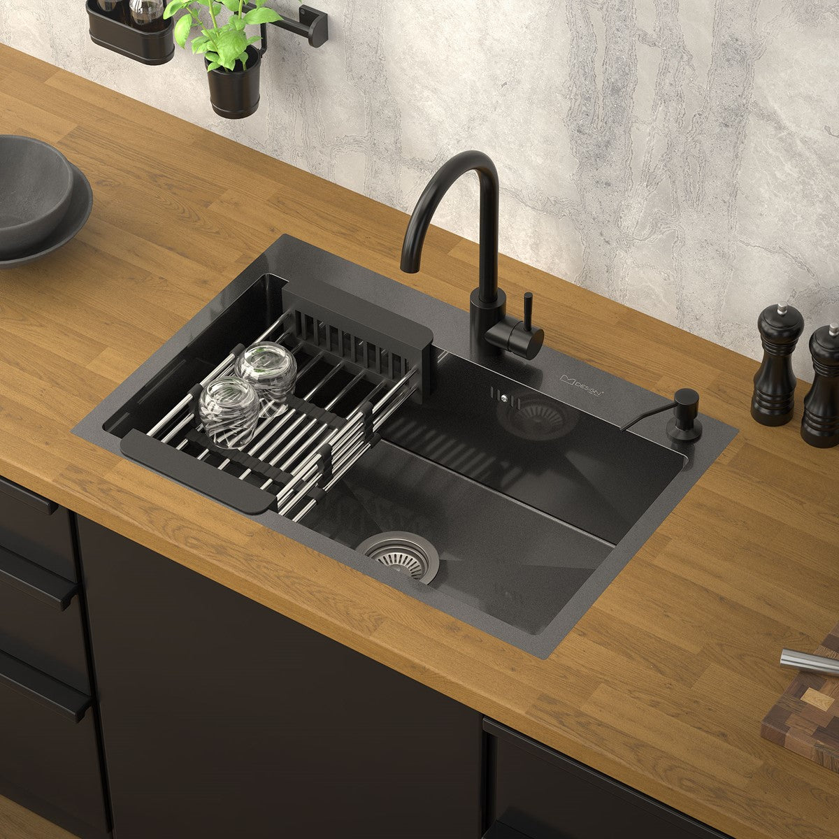 Kitchen sink with integrated drainer and faucet on a wooden worktop