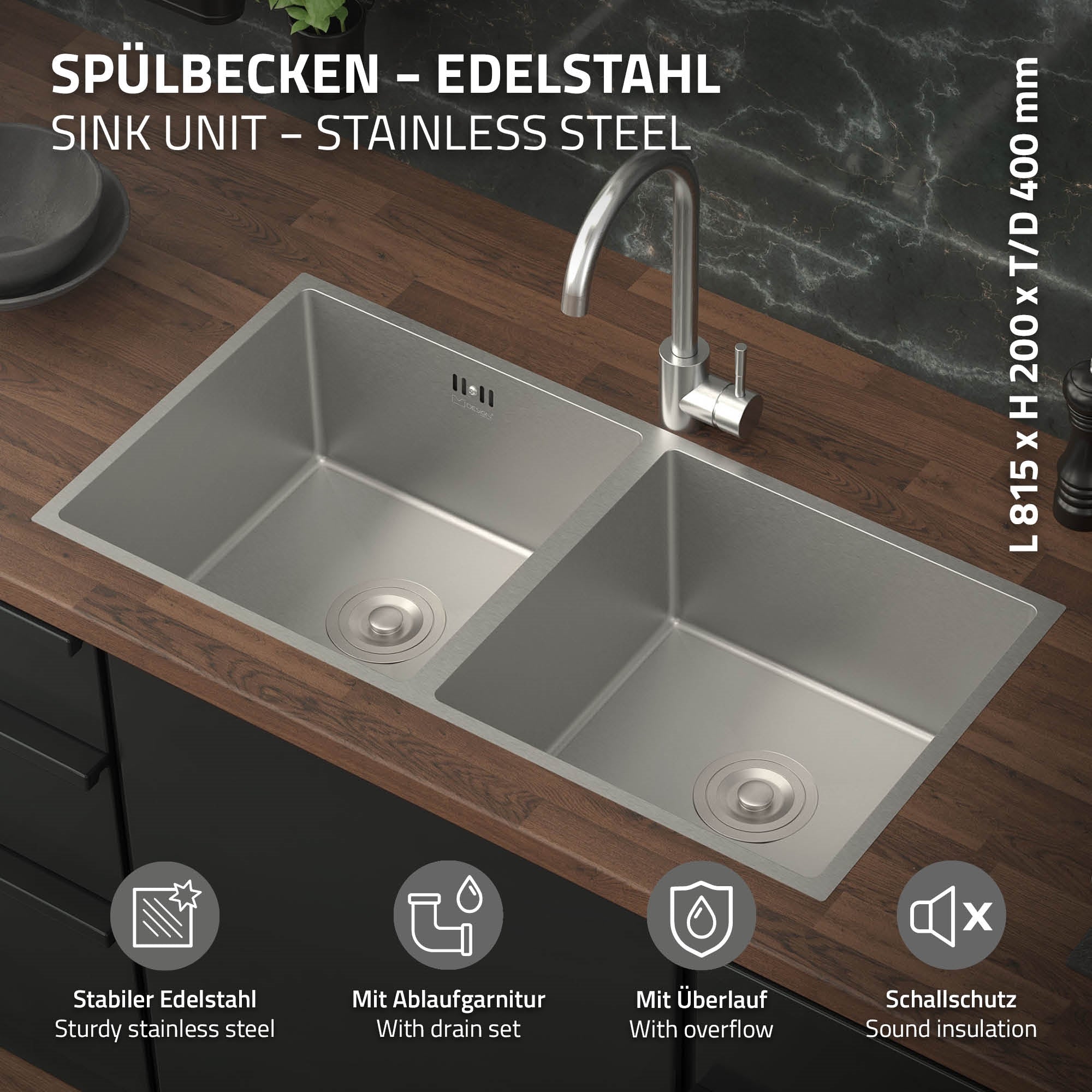 Edelstahlspüle mit zwei Becken und Wasserhahn auf Holzarbeitsplatte.