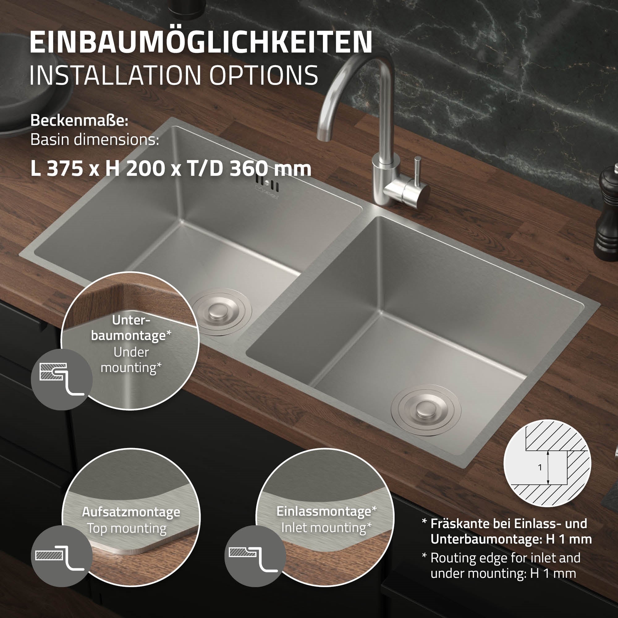 Zwei-Spülen-Installation mit verschiedenen Montageoptionen.