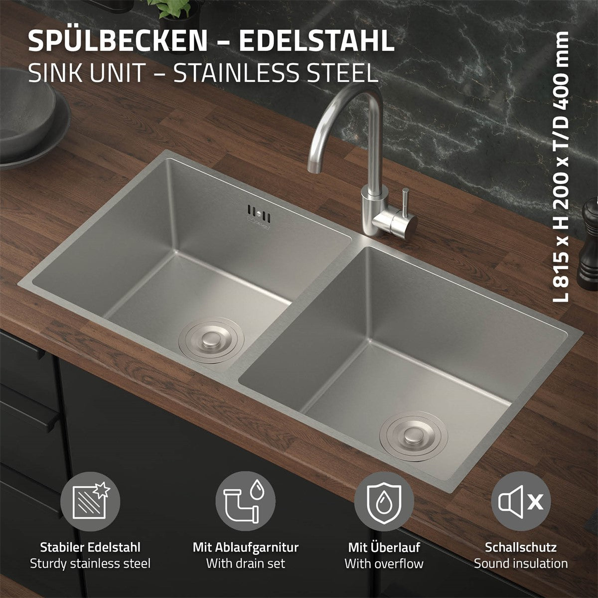 Edelstahlspüle mit zwei Becken und Wasserhahn auf Holzarbeitsplatte.